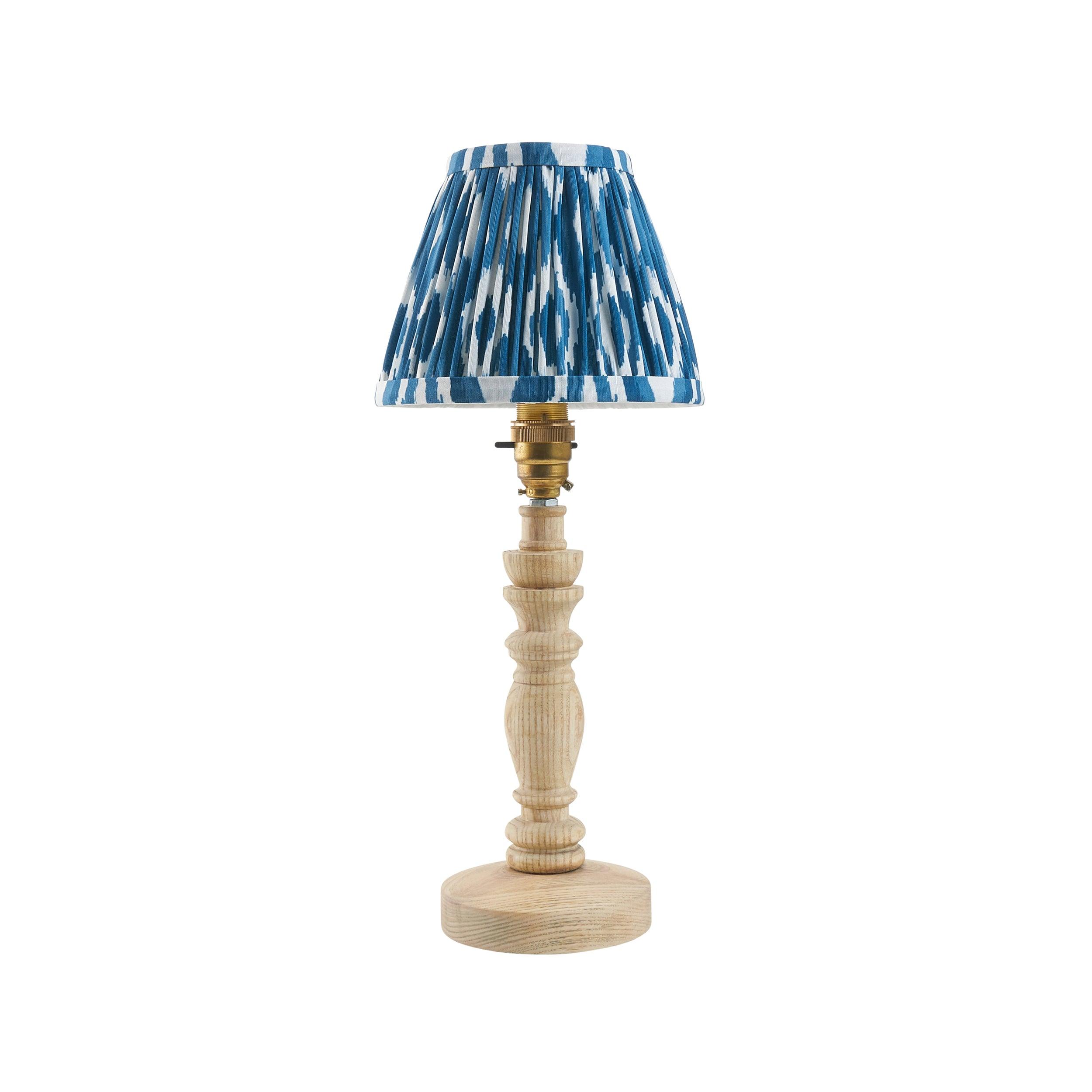 Bibury Wooden Table Lamp with Ikat 16cm Marlin Blue Shade - Elegant Home Office Lighting for Bedroom, Living Room & Study