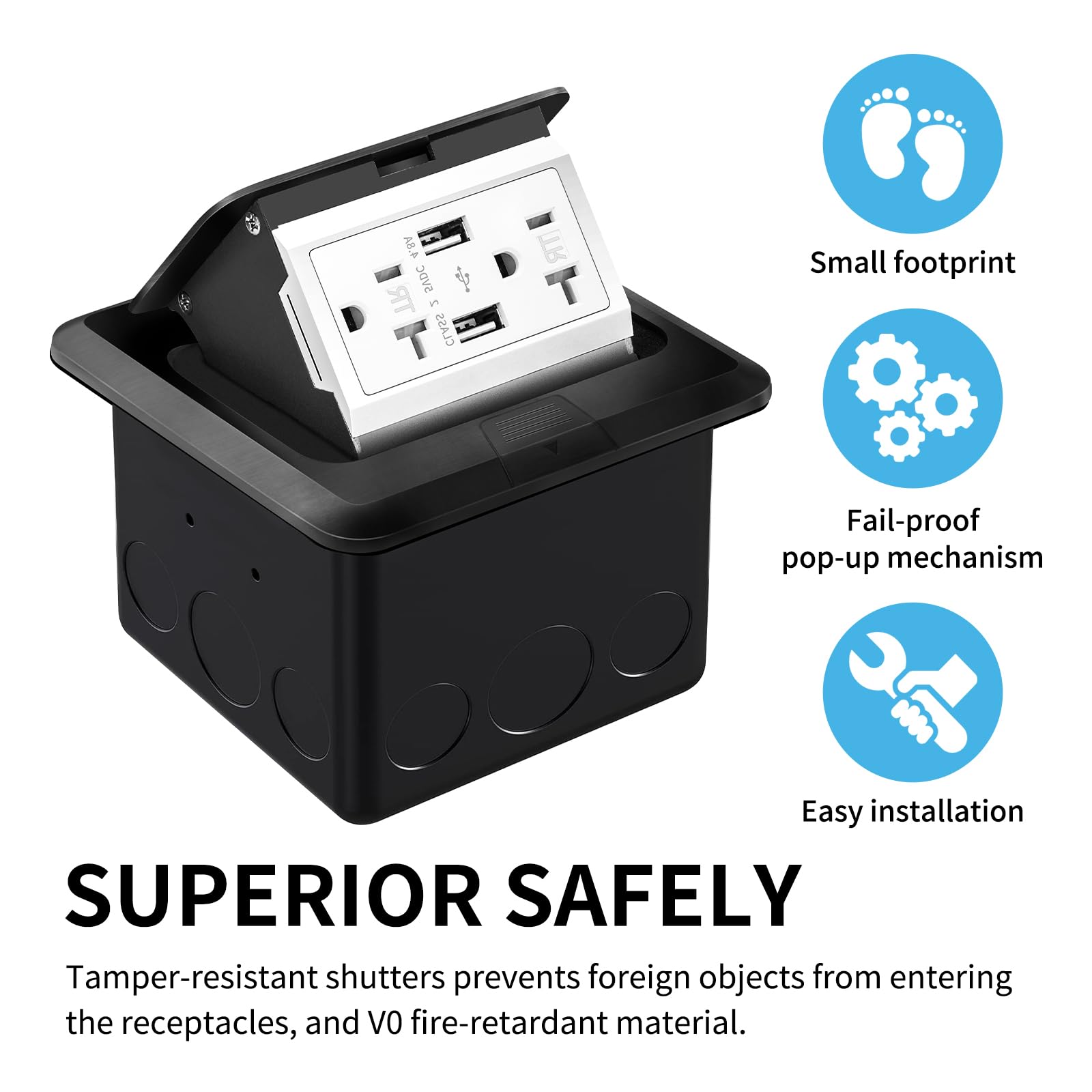Vagueior Recessed Floor Electrical Outlet Kit - Waterproof & Tamper-Resistant with 4.8A USB & 20A Receptacle - Slow Elastic Damping - ETL Certified - Black (1 Pack) - Perfect for Basements, Garages & Outdoor Areas