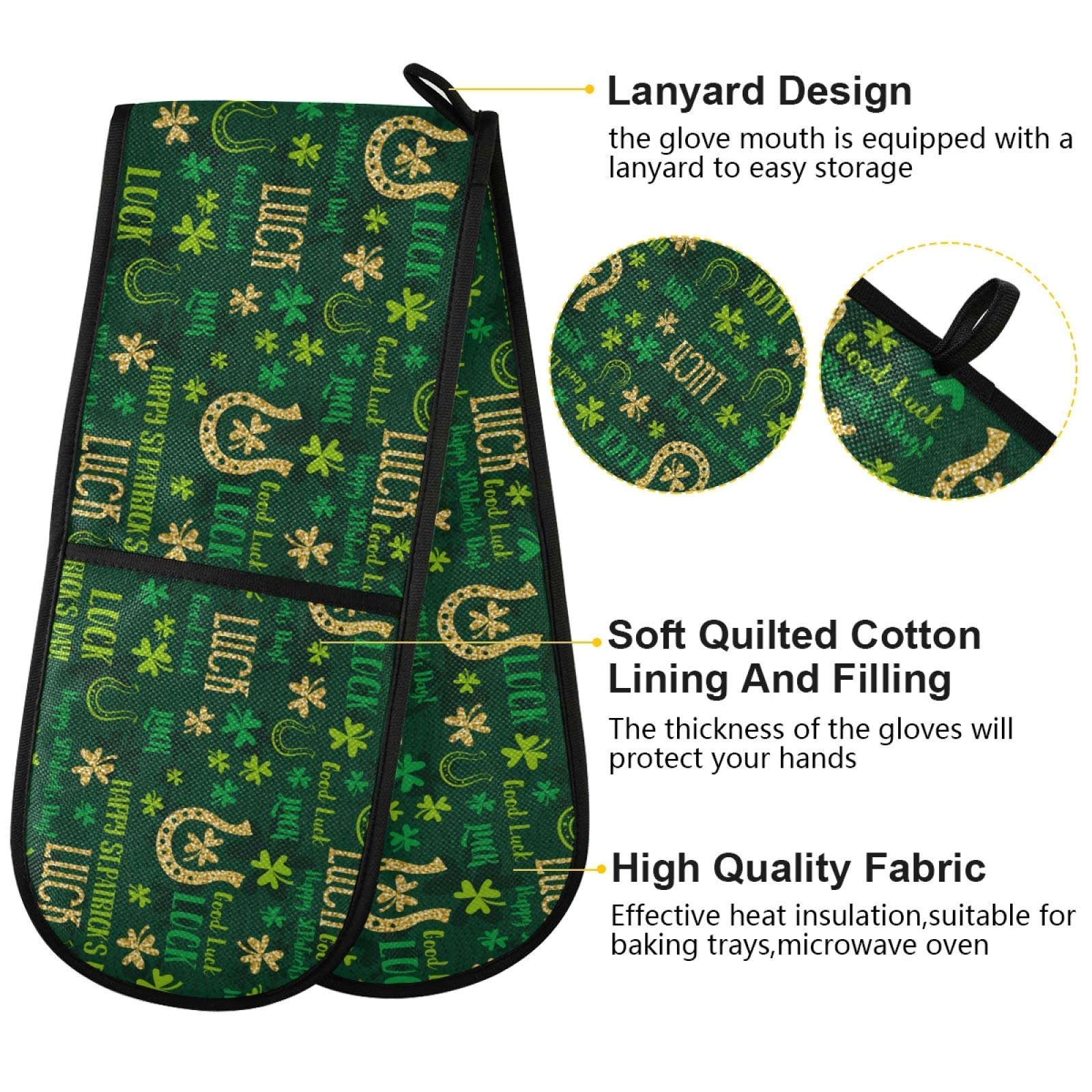 St. Patrick's Day Green Clover Double Oven Mitts 7x35 Inches - Lucky Golden Coins & Horseshoe Shamrock Design - Heat Resistant Kitchen Gloves for Baking, BBQ, Grilling - Perfect Pot Holder & Holiday Decor Gift