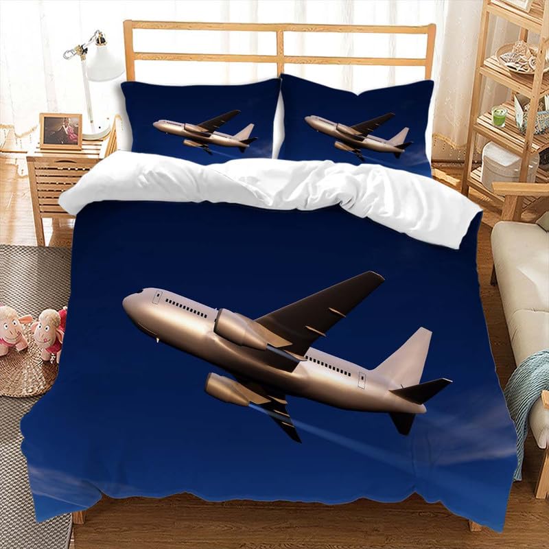3D Printed Blue Sky Silver Aircraft Duvet Cover Set with Zipper - Twin Size Bedding Set (2Pcs) | Includes 1 Pillow Sham | Gold Sunshine Design | Perfect for Kids Room, Airplane Themed Bedroom & Unique Home Decor