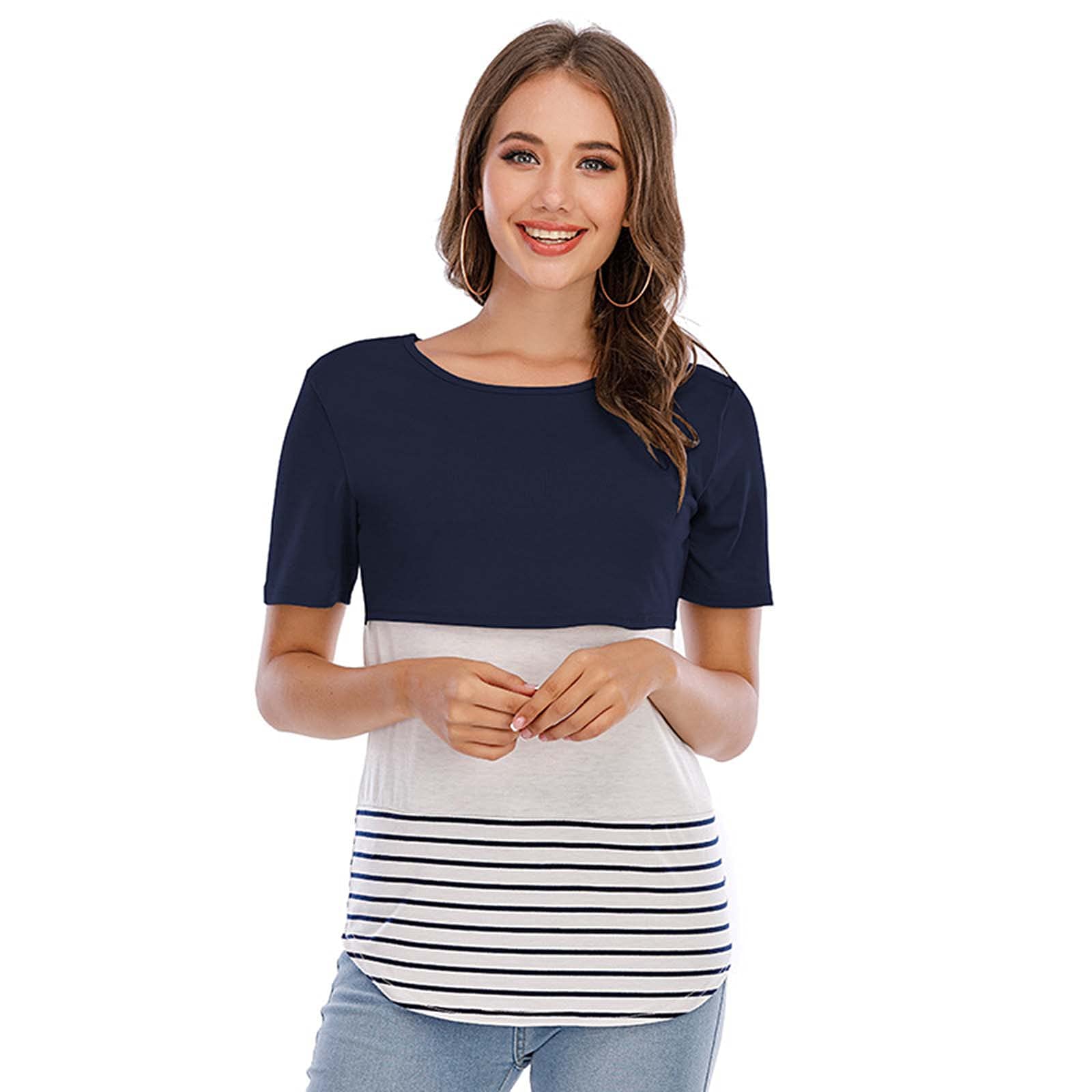LIUguoo Women's Maternity Shirts - Short Sleeve Nursing Tops with Stripe Patchwork Design, Breathable Summer Breastfeeding Blouses & Flowy Tunic Tops for Pregnancy, Nursing, and Casual Outings