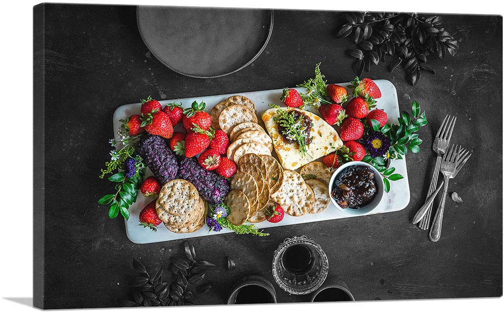ARTCANVAS Strawberry Flower Chamomile Fig Cookies Tray Framed Canvas Art Print - 40x26 Inch Stretched Wall Painting, Giclee Poster Home Decor for Kitchen, Dining Room & Office