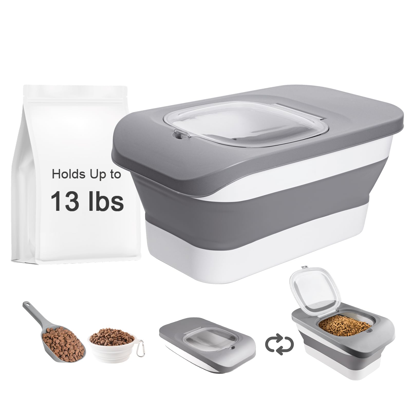 13Lbs Collapsible Airtight Pet Food Storage Container with Lid - Perfect for Dog Food, Cat Food, Rice & Cereal Storage - Includes Silicone Bowl & Scoop - Space Saving Design for Kitchen, Pantry or Travel (Grey)
