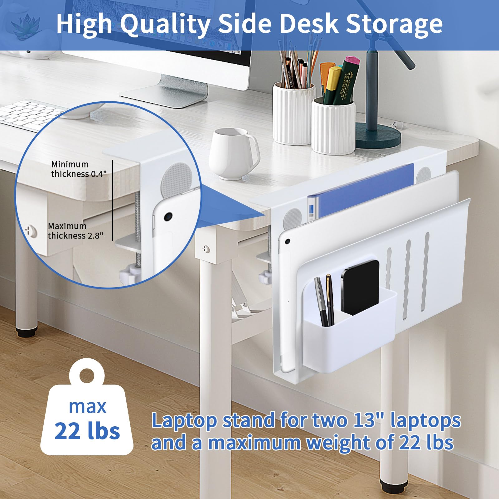 LUKETURE Steel Desk Side Organizer - No Drill Laptop Holder with Pen Storage, Clamp-On Table Mount for Home Office, Fits Flat Edge Tables 0.3