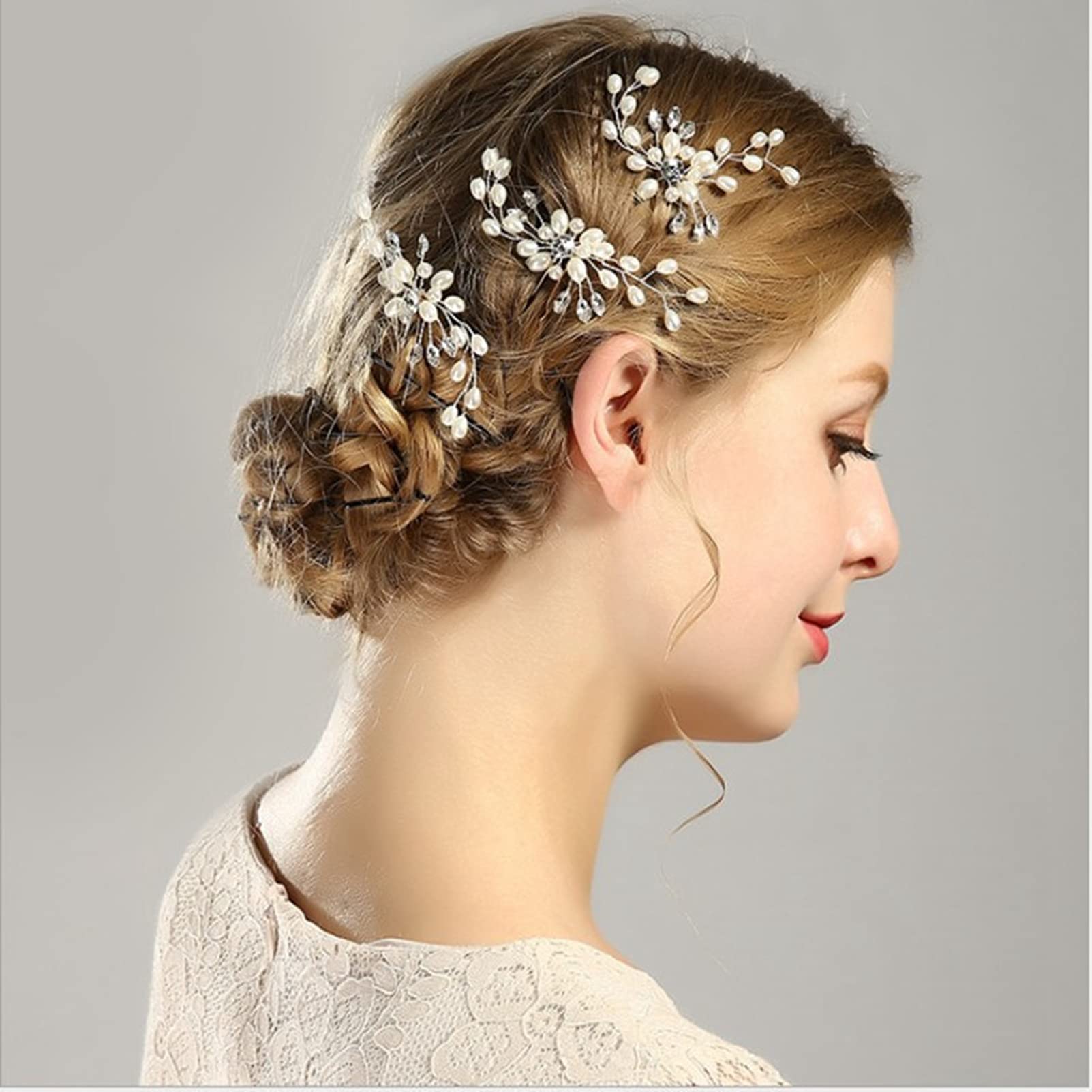 3 PCS SONGQEE Pearl Flower Crystal Bridal Hair Pins - Rhinestone Wedding Hair Clips for Bride & Bridesmaids, Bobby Pins & Headpiece Accessories (Perfect for Weddings, Prom, Parties & Special Occasions)