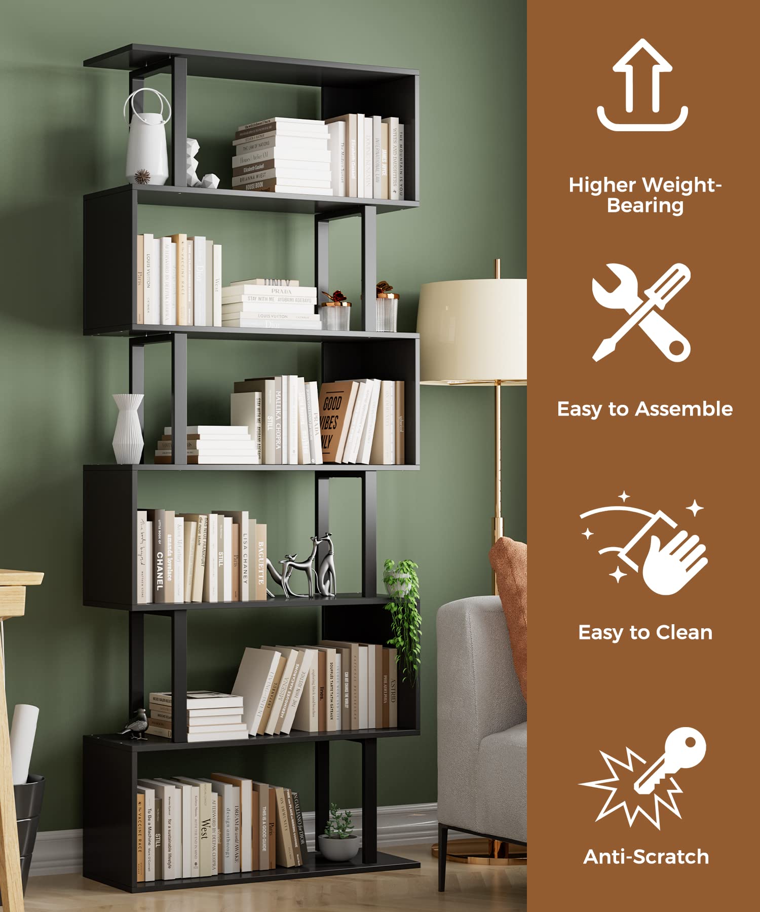 Gadroad 6-Tier Geometric Bookcase - Modern Black Wooden Bookshelf for Bedroom, Living Room & Home Office - Space-Saving Corner Storage Shelf for Books, Decor & Organizing Small Spaces
