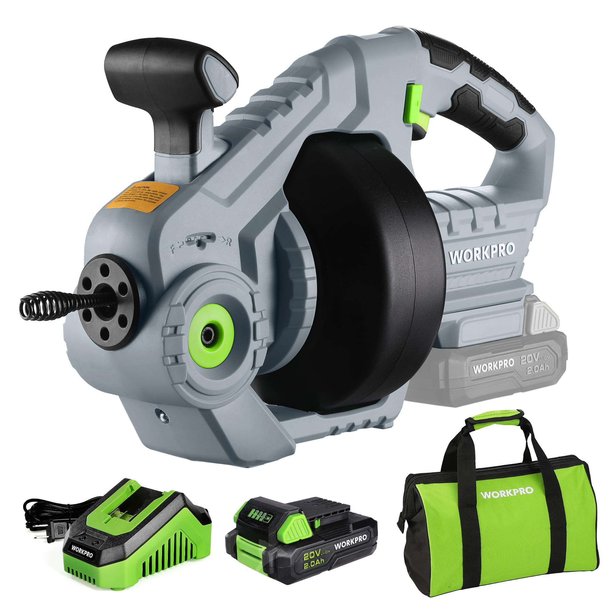 WORKPRO 20V Cordless Drain Auger Snake Kit - 25Ft Heavy Duty Plumbing Snake with 2.0AH Battery & Charger for Clogged Toilet, Shower, Sink, Sewer Line (Fits 3/4