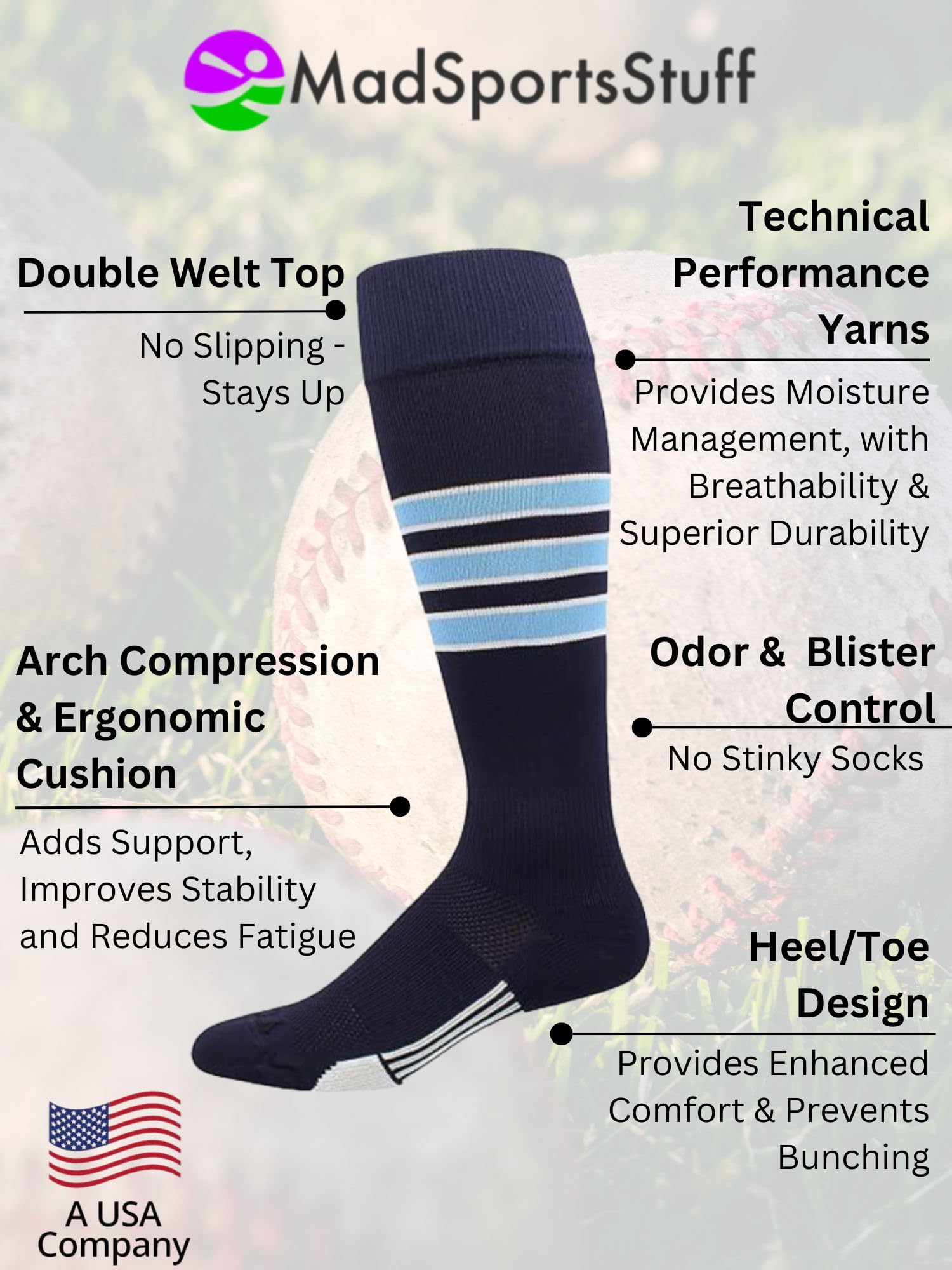 MadSportsStuff Striped Baseball & Softball Socks - Over The Calf Length for Men, Women, Boys & Girls - Perfect for Dugout, Games & Practice Sessions