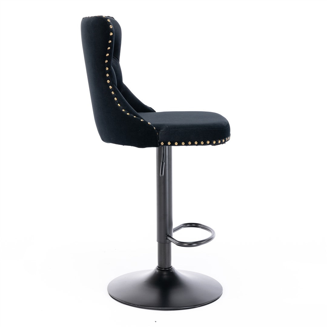 Adjustable Height Swivel Bar Stools with Footrest - Velvet Upholstered Nailhead Accent Barstools for Kitchen Island, Home Bar & Dining Counter