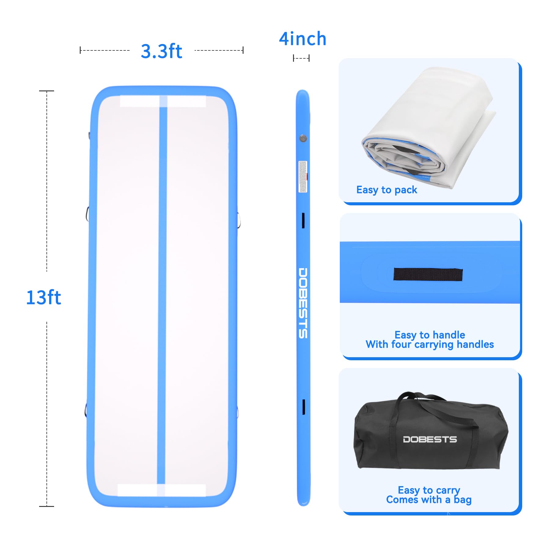 DOBESTS Inflatable Gymnastics Tumbling Mat 6.6ft/10ft/13ft/16ft/20ft - Portable Air Track for Home & Gym Training with Electric Pump - Perfect for Cheerleading, Yoga, Parkour & Kids Play