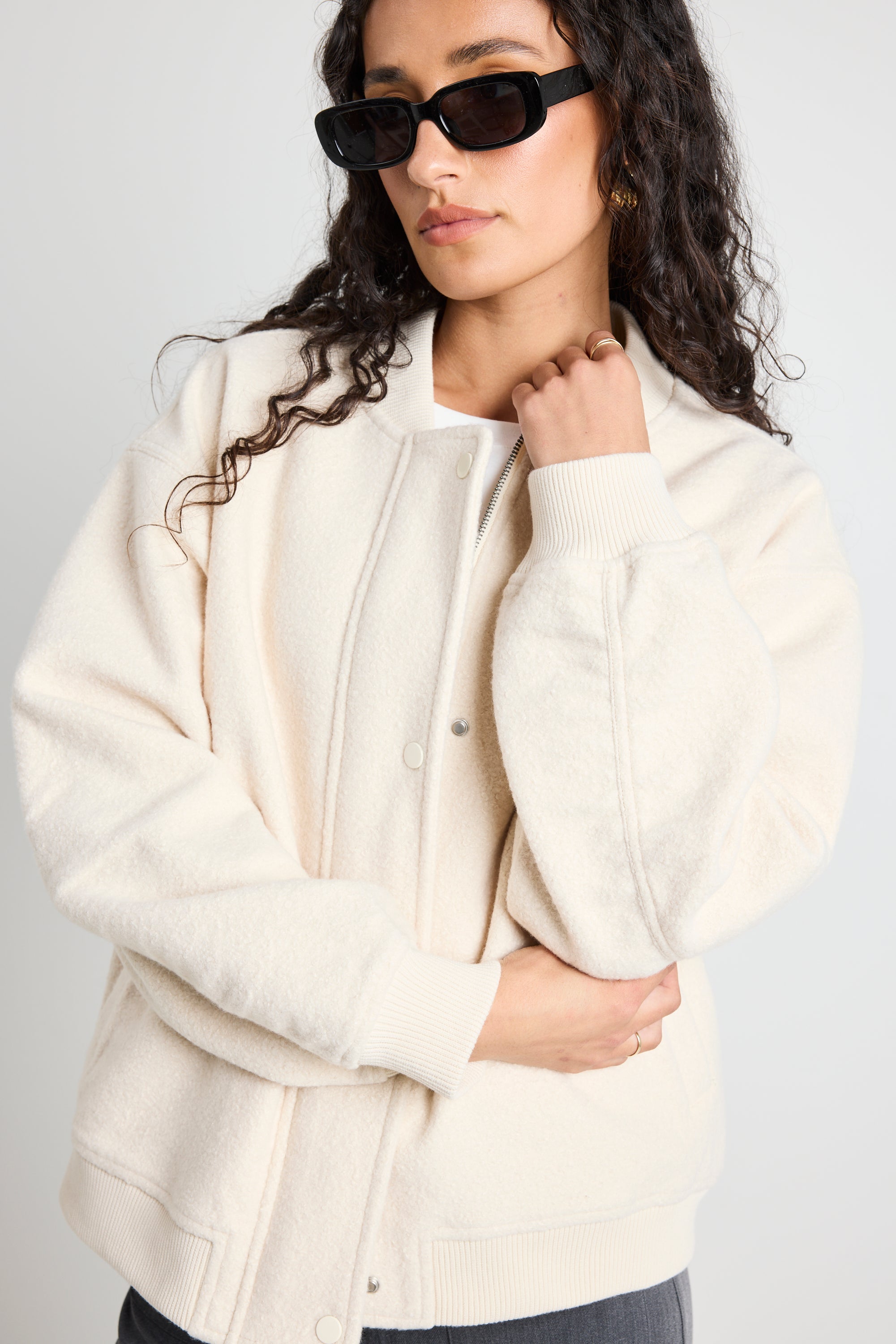 Stylish Brisk Bone Boucle Bomber Jacket for Women - Trendy Oversized Coat with Pockets | Perfect for Fall, Winter & Casual Outfits