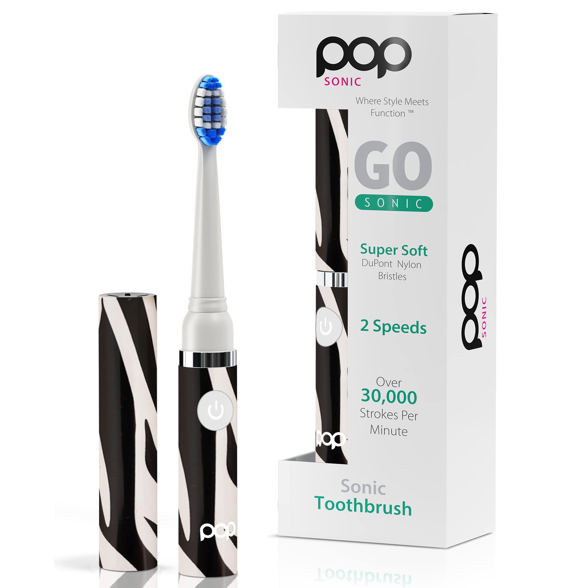 Pop Sonic Electric Toothbrush for Kids & Travel - Zebra Design, 2 Speed Modes (15,000-30,000 RPM), DuPont Nylon Bristles, Battery Powered - Perfect for Home, School & Family Trips