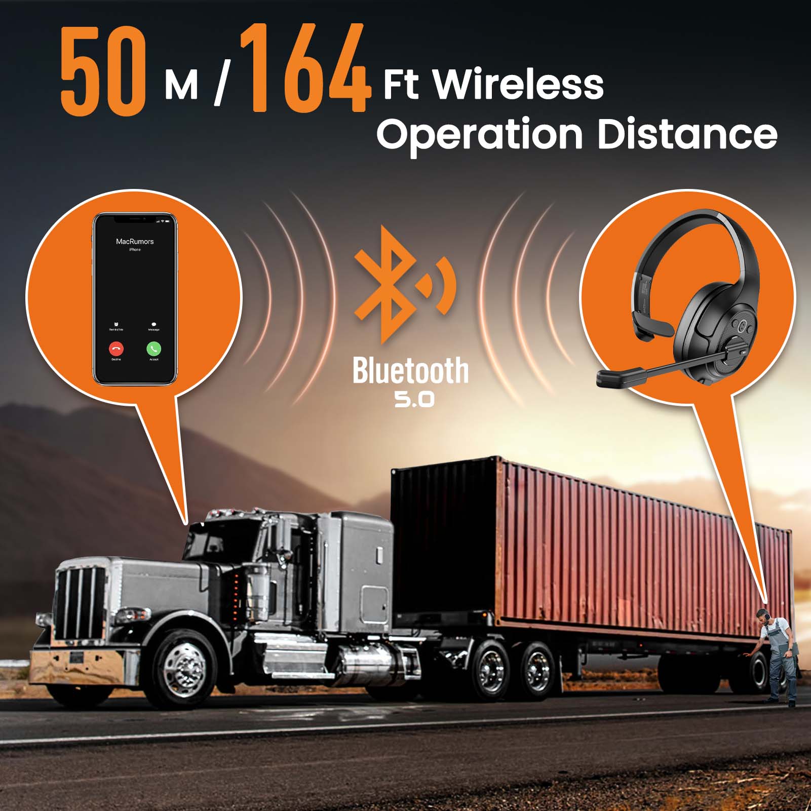 Trucker Bluetooth Headset - Wireless Over-Ear Headphones with AI Noise Cancelling & Mute Mic, 30H Talk Time, 164ft Range for PC, Computer, Skype - Perfect for Call Centers, Truck Driving & Remote Work