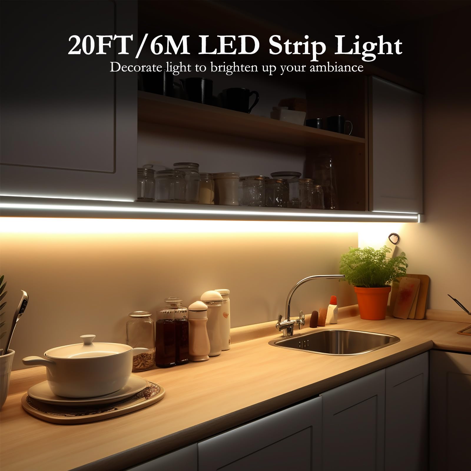 JOYLIT 12V COB LED Strip Light 3000K Warm White, 6M 320LEDs/M 4500LM Uniform Brightness, CRI 90+ Flexible Adhesive Dimmable LED Tape for Home, Kitchen, Bedroom, Cabinet Lighting (LED Strip Only)