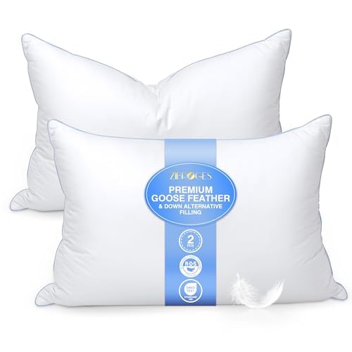 Premium Goose Feather Pillows Queen Size (Pack of 2) - Luxury Down Hotel Bed Pillows for Sleeping with 600 Thread Count Cotton Cover - Fluffy Support for Back, Stomach & Side Sleepers - Perfect for Home, Guest Room & Airbnb