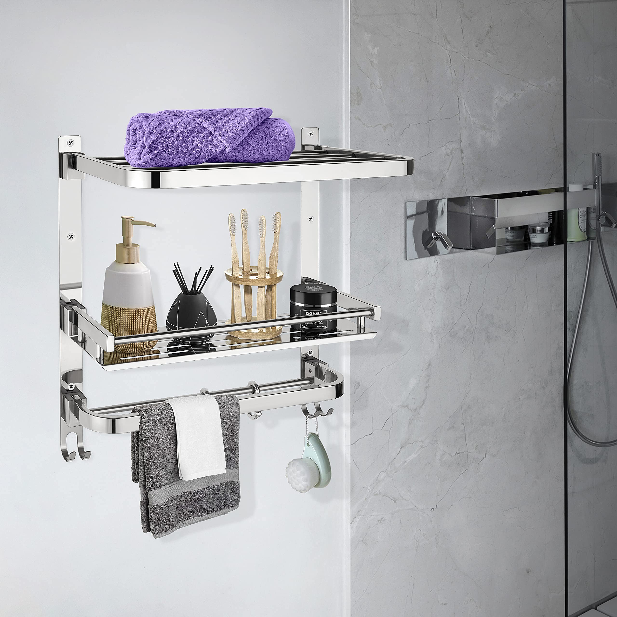 Plantex 3-Tier Chrome Folding Bathroom Wall Shelf - 304 Stainless Steel Bathroom Organizer with Hooks & Towel Rod - Space Saving Storage for Towels, Toiletries & Shower Essentials - Perfect for Small Bathrooms, Apartments & RVs