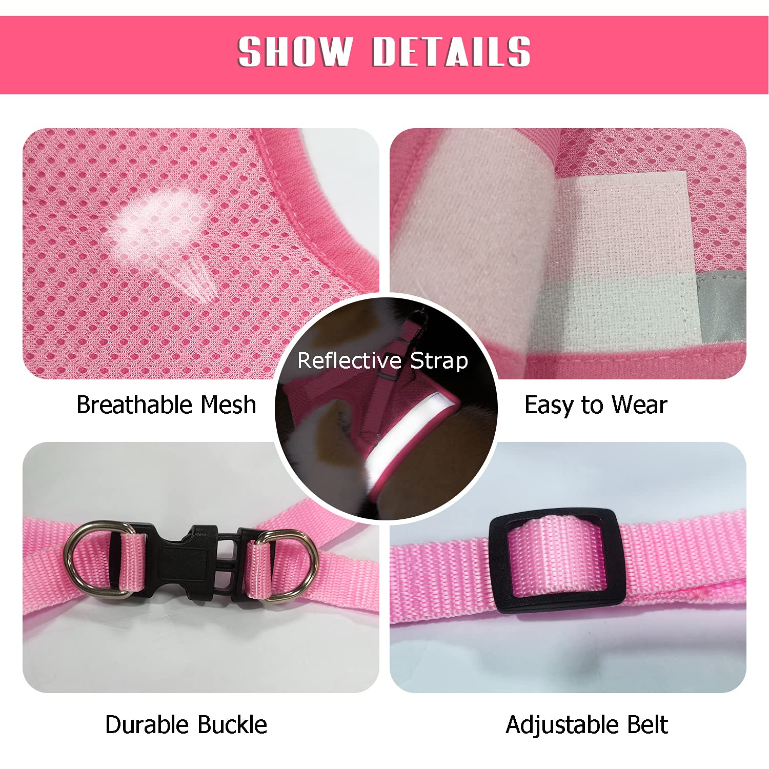 FEimaX Adjustable Dog Harness and Leash Set - Soft Mesh Lightweight Pet Vest with Reflective Strips for Small Dogs & Cats - Escape Proof, Easy Control for Walking, Hiking & Outdoor Adventures (Pink, Small)