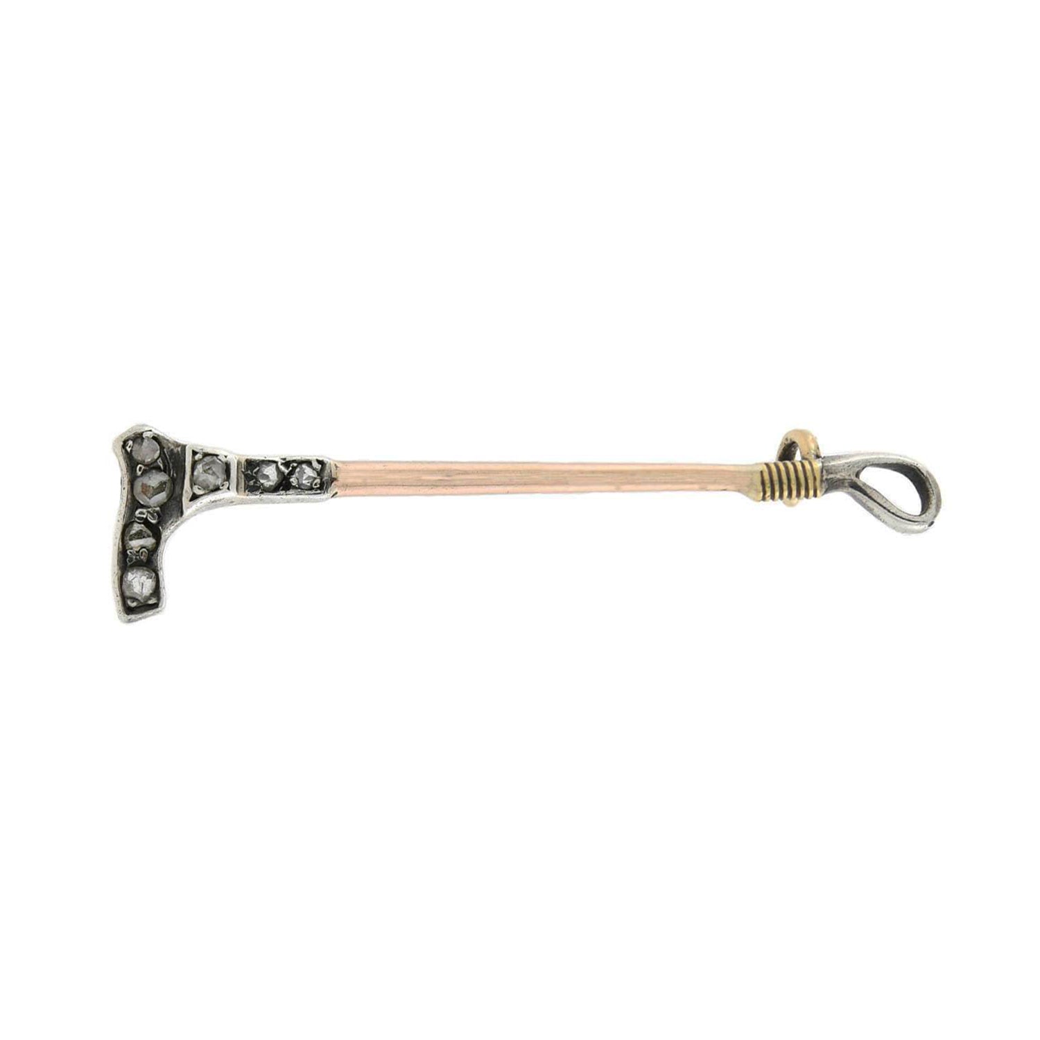 Victorian Style Sterling Silver & 10K Rose Gold Rose Cut Diamond Equestrian Riding Crop Brooch Pin - Perfect for Equestrian Events, Vintage Fashion & Jewelry Collectors