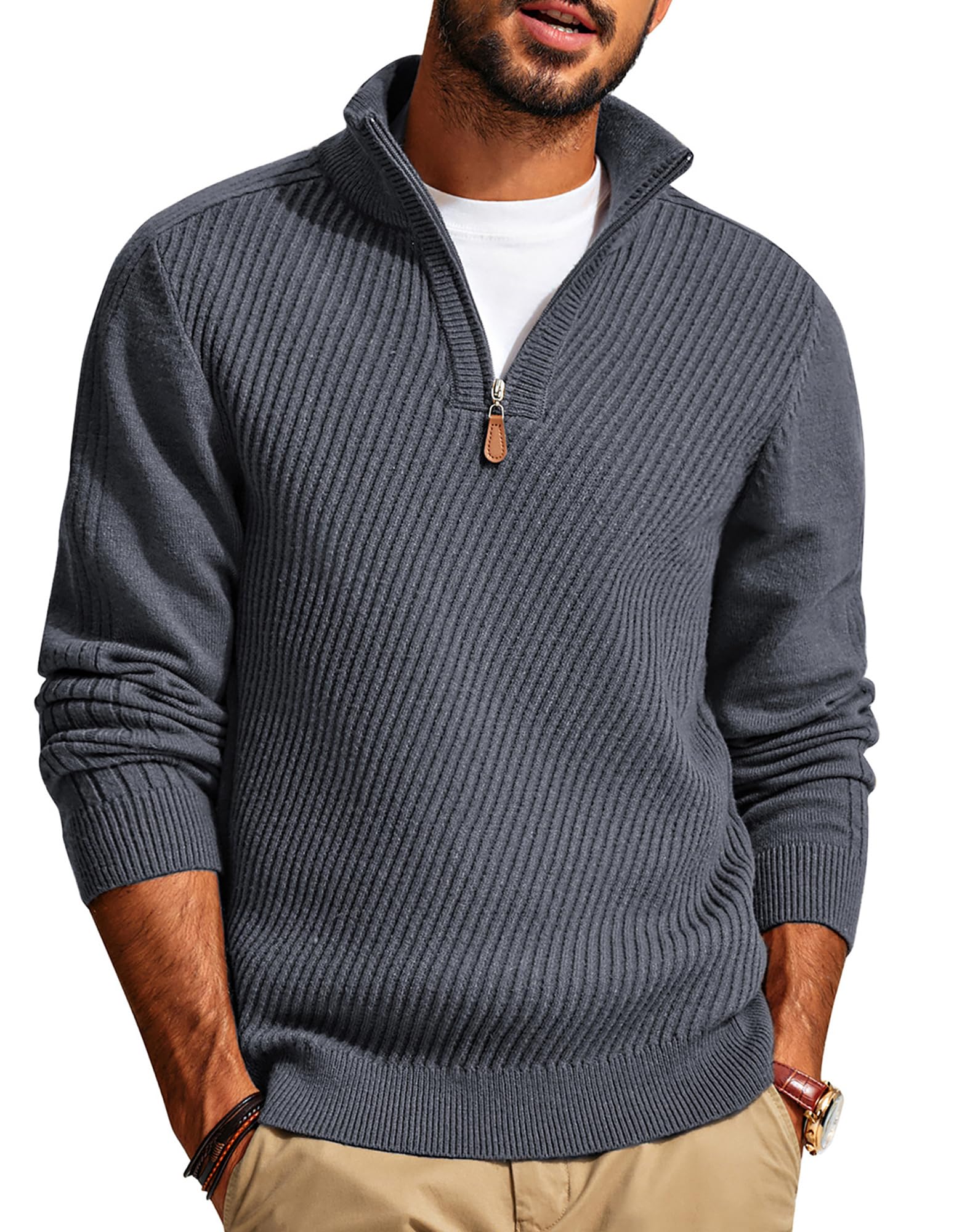 PJ PAUL JONES Men's Slim Fit Quarter Zip Pullover Sweater - Casual Knit Texture Long Sleeve Top for Work, Office & Outdoor Activities