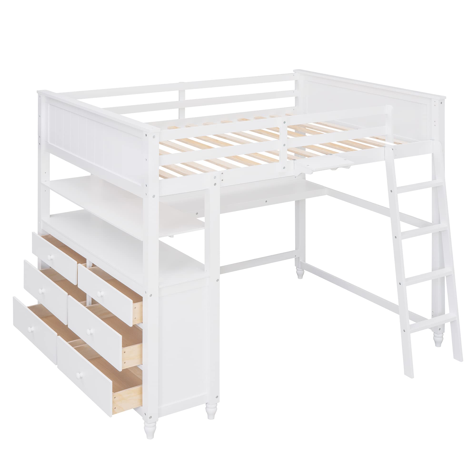 Full Size Loft Bed with Desk & Storage Drawers - Sturdy Wooden Bunk Bed with Safety Guardrails, Ladder, Headboard & Footboard - Space-Saving High Loft Bed for Kids, Teens & Adults (White) - Perfect for Small Bedrooms, Dorms & Studio Apartments