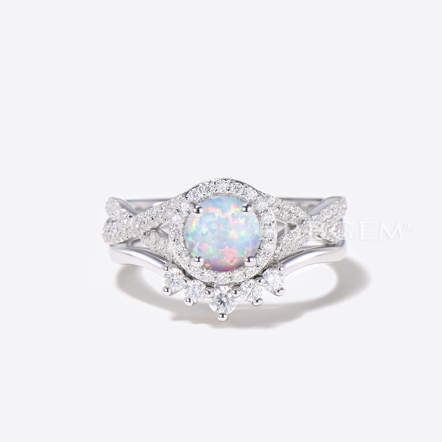 Vintage Opal Engagement Ring Set for Women - 14K White Gold Halo Diamond/Moissanite Wedding Band - Elegant Bridal Jewelry for Proposals, Anniversaries & Special Occasions