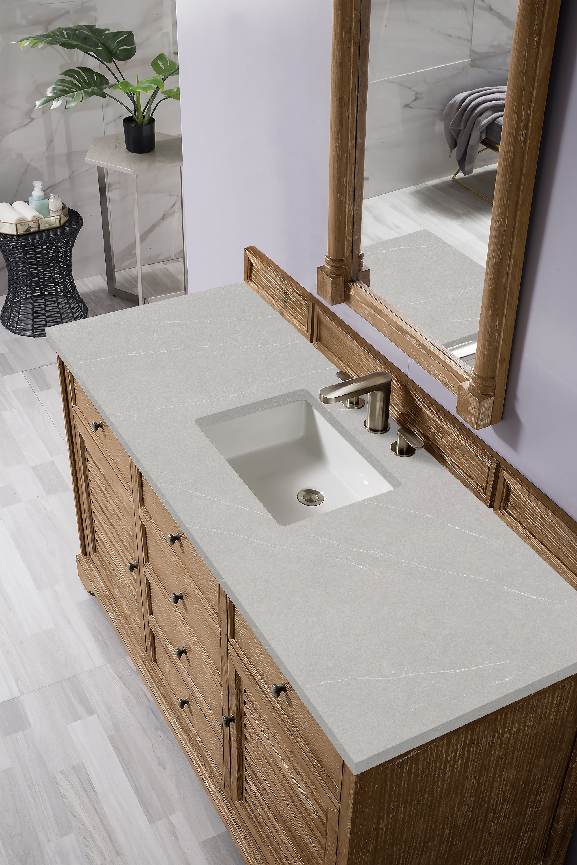Savannah 60 Inch Single Vanity Cabinet with Quartz Top - Driftwood Finish Bathroom Storage for Modern Homes | Perfect for Master Bath, Guest Bath & Powder Room Makeovers