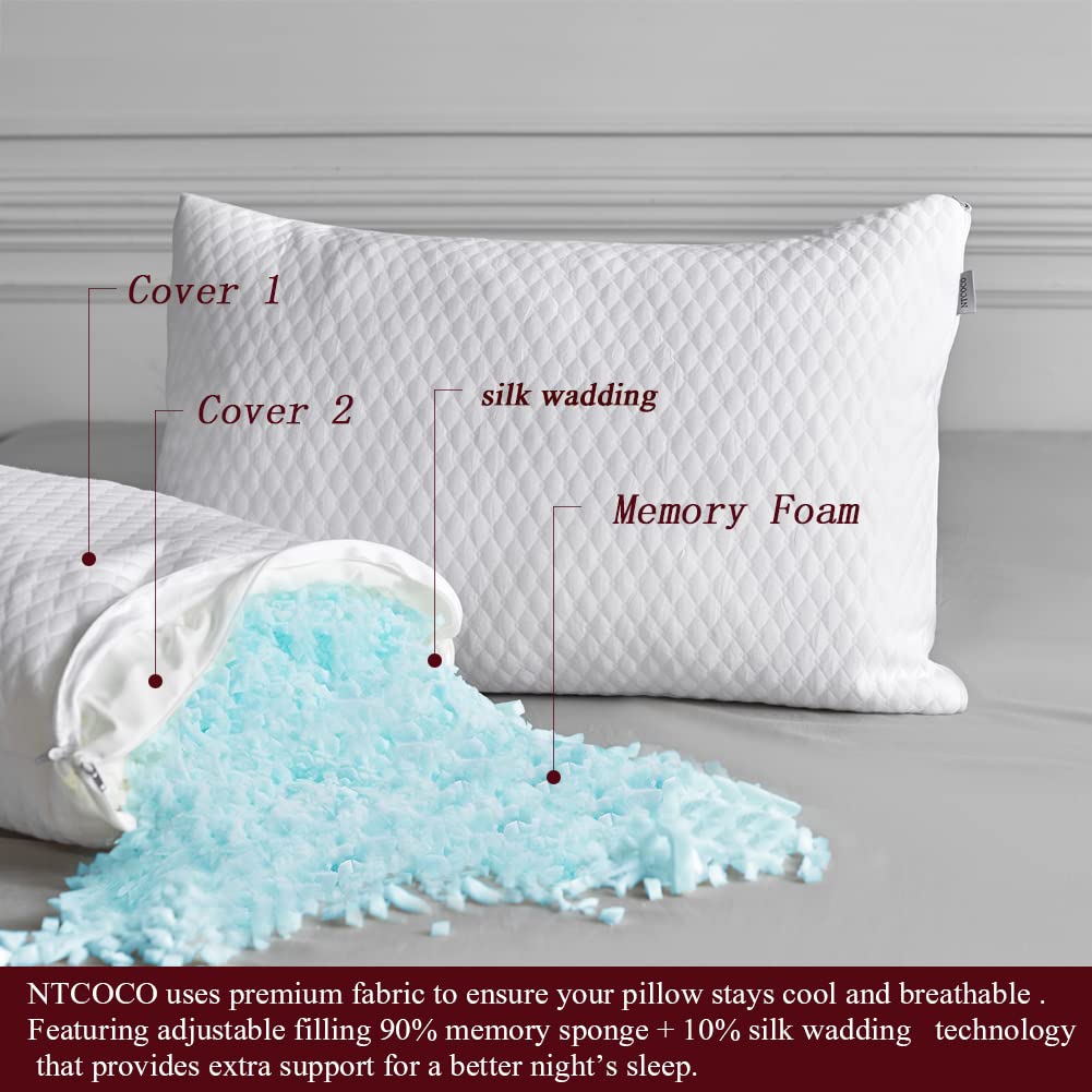 NTCOCO 2-Pack Shredded Memory Foam Pillows for Sleeping - King Size Cooling Hypoallergenic Bed Pillows with Washable Cover for Back, Side & Stomach Sleepers | Perfect for Home, Hotel & Travel Use