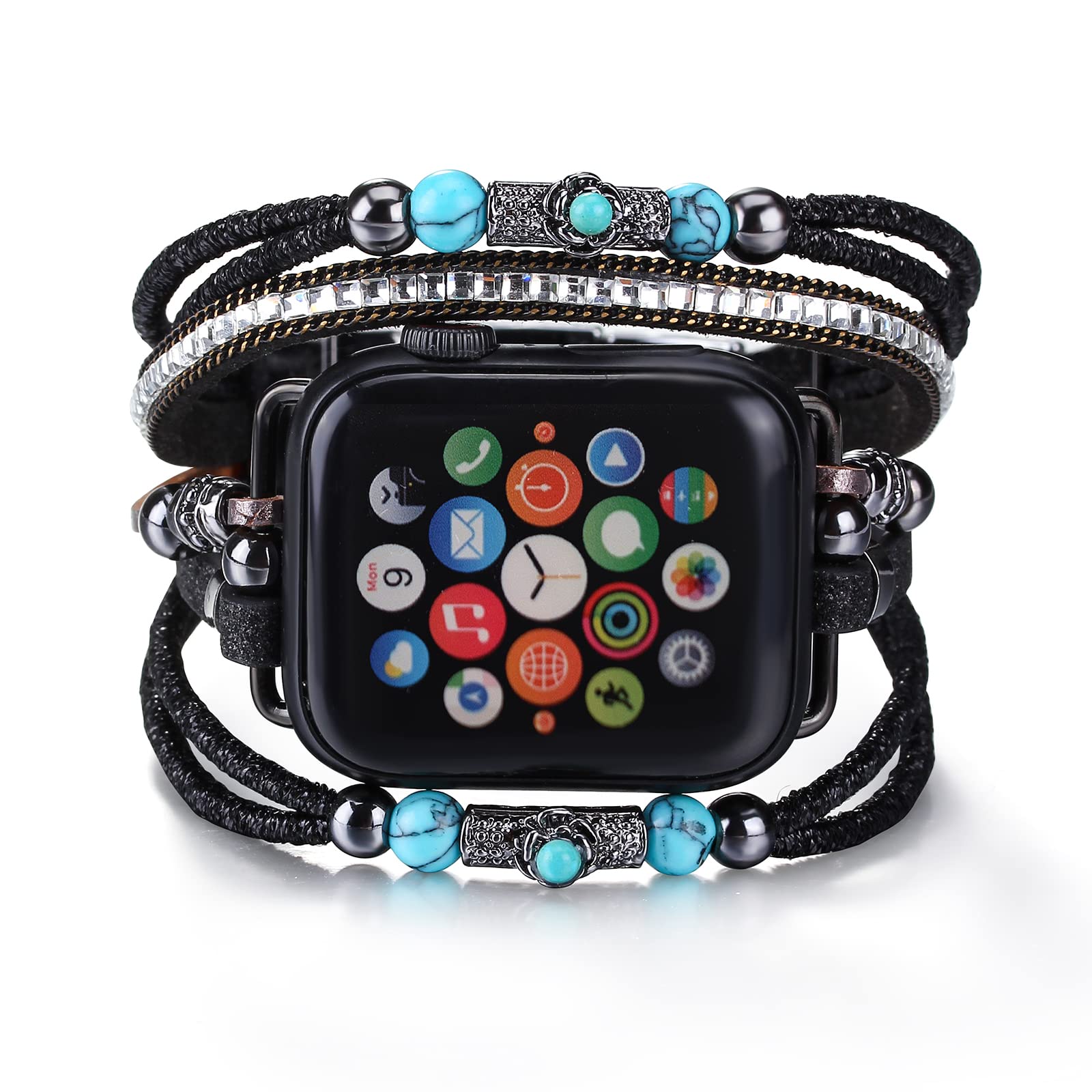 Boho Leather Apple Watch Band Compatible with Series 10/9/8/7/6/SE/Ultra 2/5/4/3/2/1 - Adjustable Wrap Strap for 38mm 40mm 41mm 42mm 44mm 45mm 46mm 49mm - Fashionable Unisex Bracelet for Work, Travel & Everyday Wear