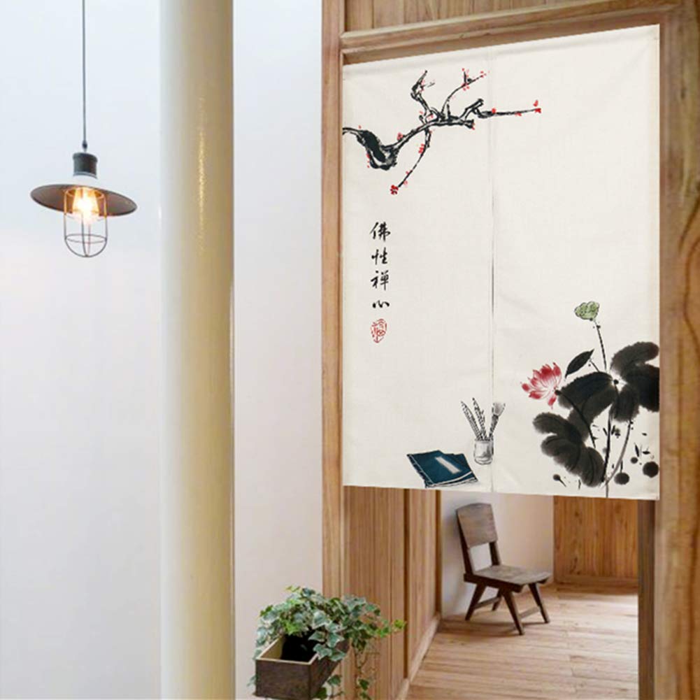 Japanese Noren Door Curtain - Chinese Ink Painting Design, Cotton Linen Room Divider Tapestry (33