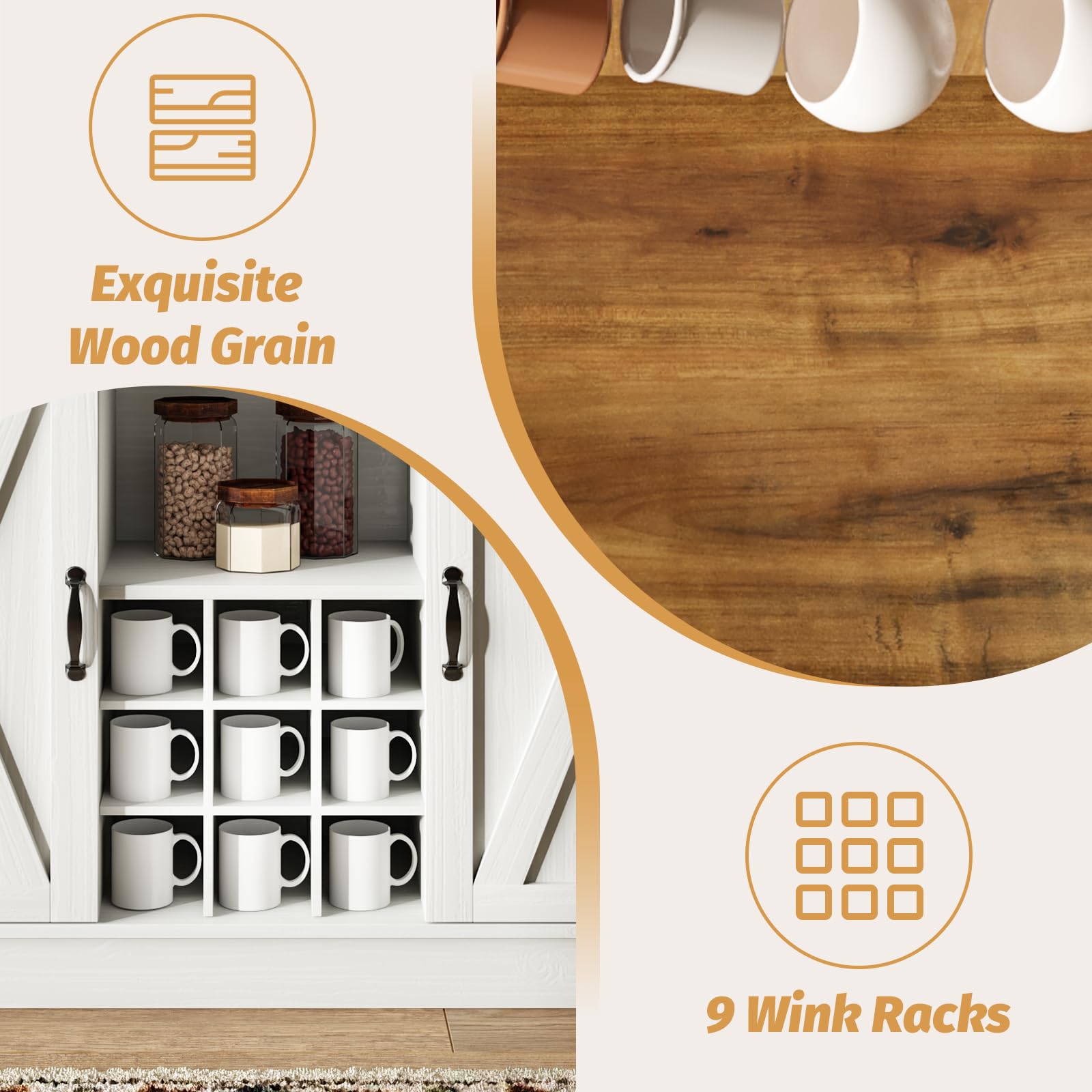 Farmhouse Coffee Bar Cabinet with 6 Hooks & 9 Wine Racks - 47