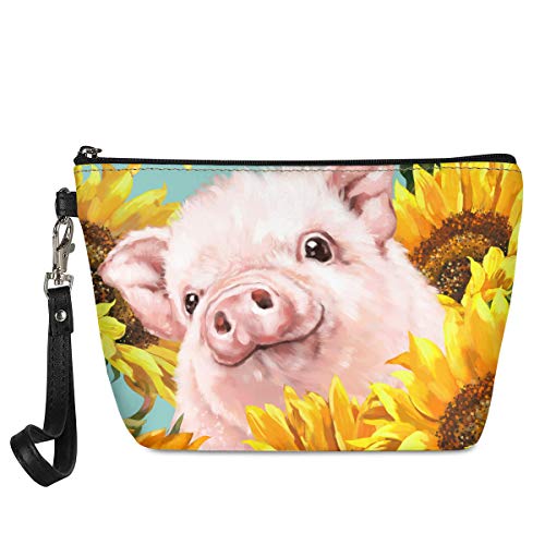 WELLFLYHOM Pig Sunflower Makeup Bag - Waterproof Cosmetic Case with Wrist Strap for Women & Girls, Travel Organizer, Coin Purse & Toiletry Pouch - Perfect for School, Gym, Beach & Daily Use