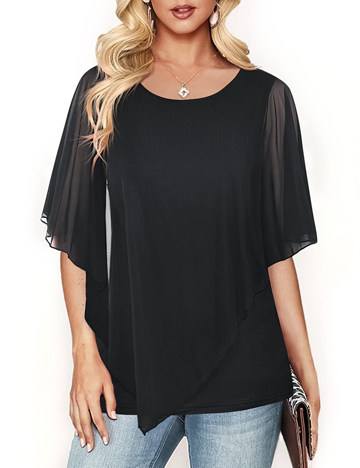 Cestyle Women's Flowy Blouses - Dressy Casual Shirts & Lightweight Mesh Poncho Tops for Summer Outfits, Office Wear & Beach Cover-Ups