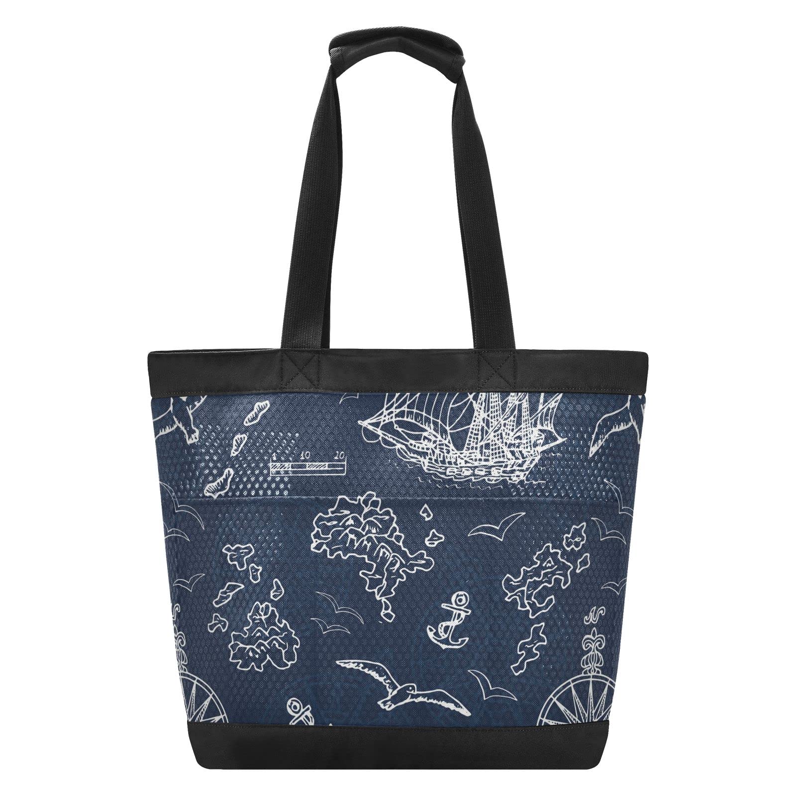 J JOYSAY Marine Nautical Ships Compass Mesh Beach Tote Bag - Large Waterproof Beach Bag for Women, Travel, Shopping & Gym - Perfect for Pool, Beach, Sports & Outdoor Activities