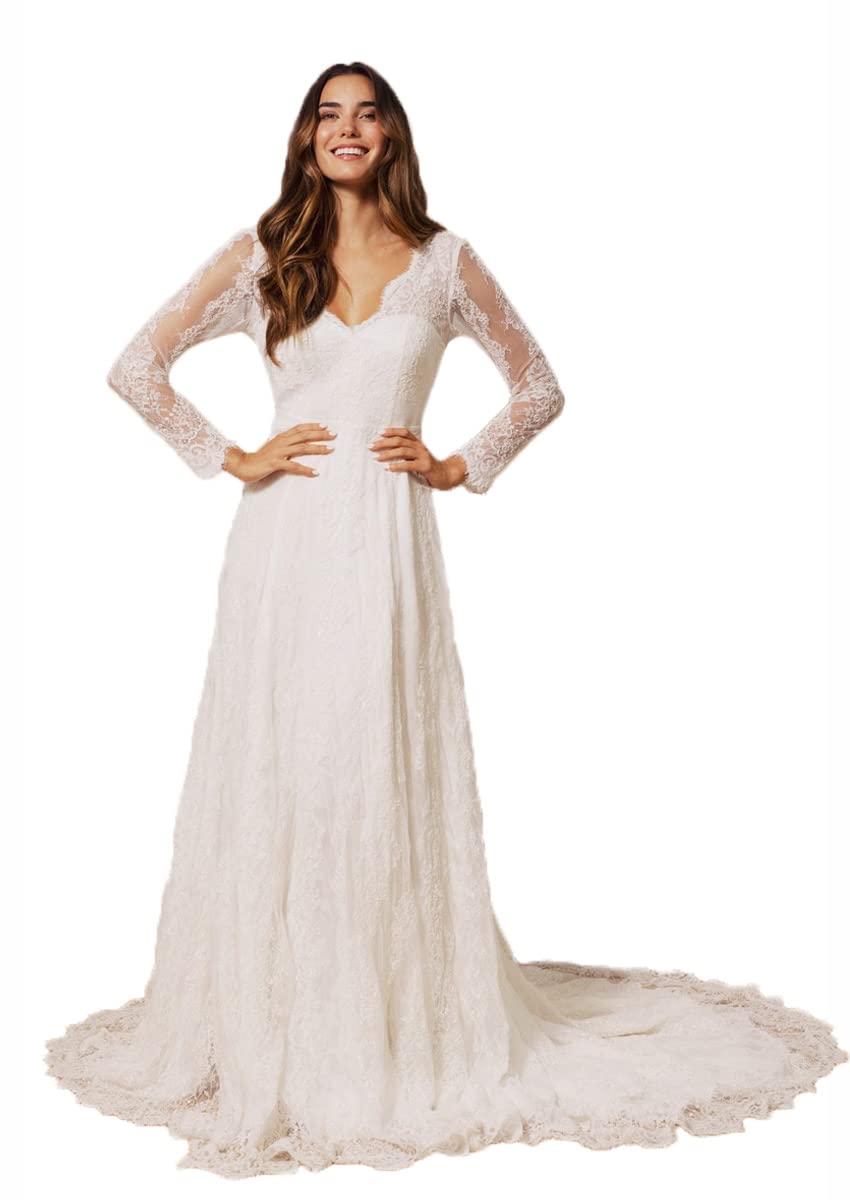 Elegant Long Sleeve Mermaid Wedding Dress with Boat Neck & Satin Train - Perfect for Brides, Beach Weddings & Formal Ceremonies