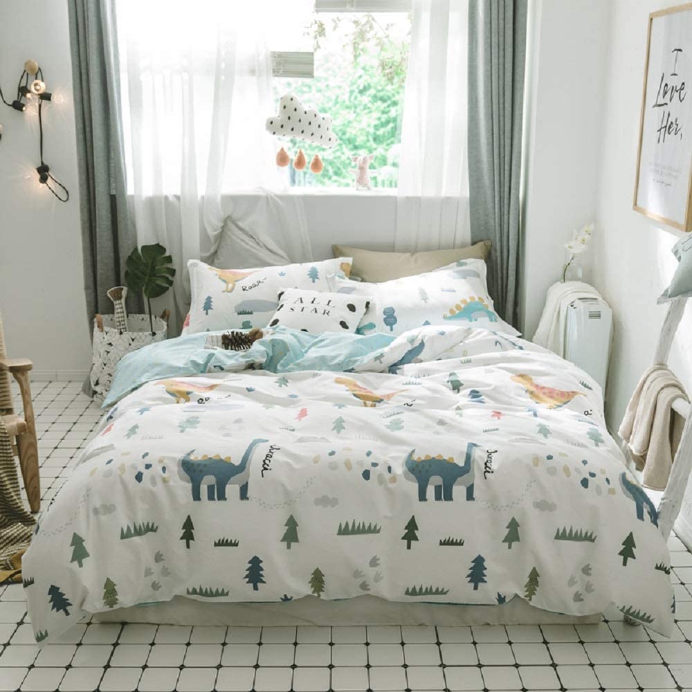 Dinosaur Duvet Cover Twin Size - 3 Piece Cotton Bedding Set with Cartoon Dinosaur & Forest Pattern, Reversible Design, Zipper Closure & Ties - Breathable & Comfortable (Comforter Not Included) - Perfect for Kids' Rooms, Dinosaur Themed Bedrooms & Cozy Sleep