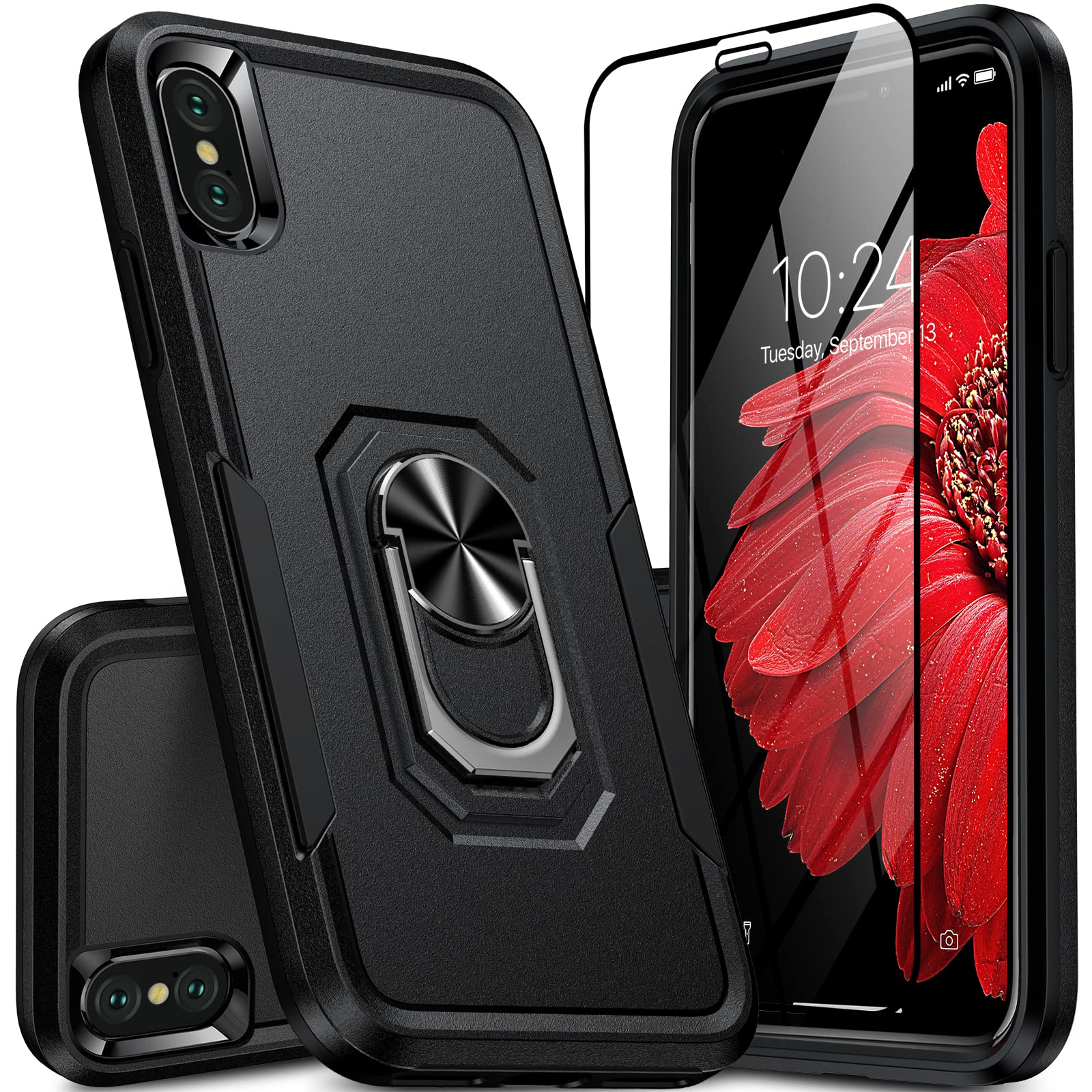 Oterkin Shockproof iPhone X/XS Case with 360° Rotatable Magnetic Kickstand & Tempered Glass Screen Protector - Slim Protective Phone Cover for iPhone 10/XS (Black) | Perfect for Work, Travel & Daily Use