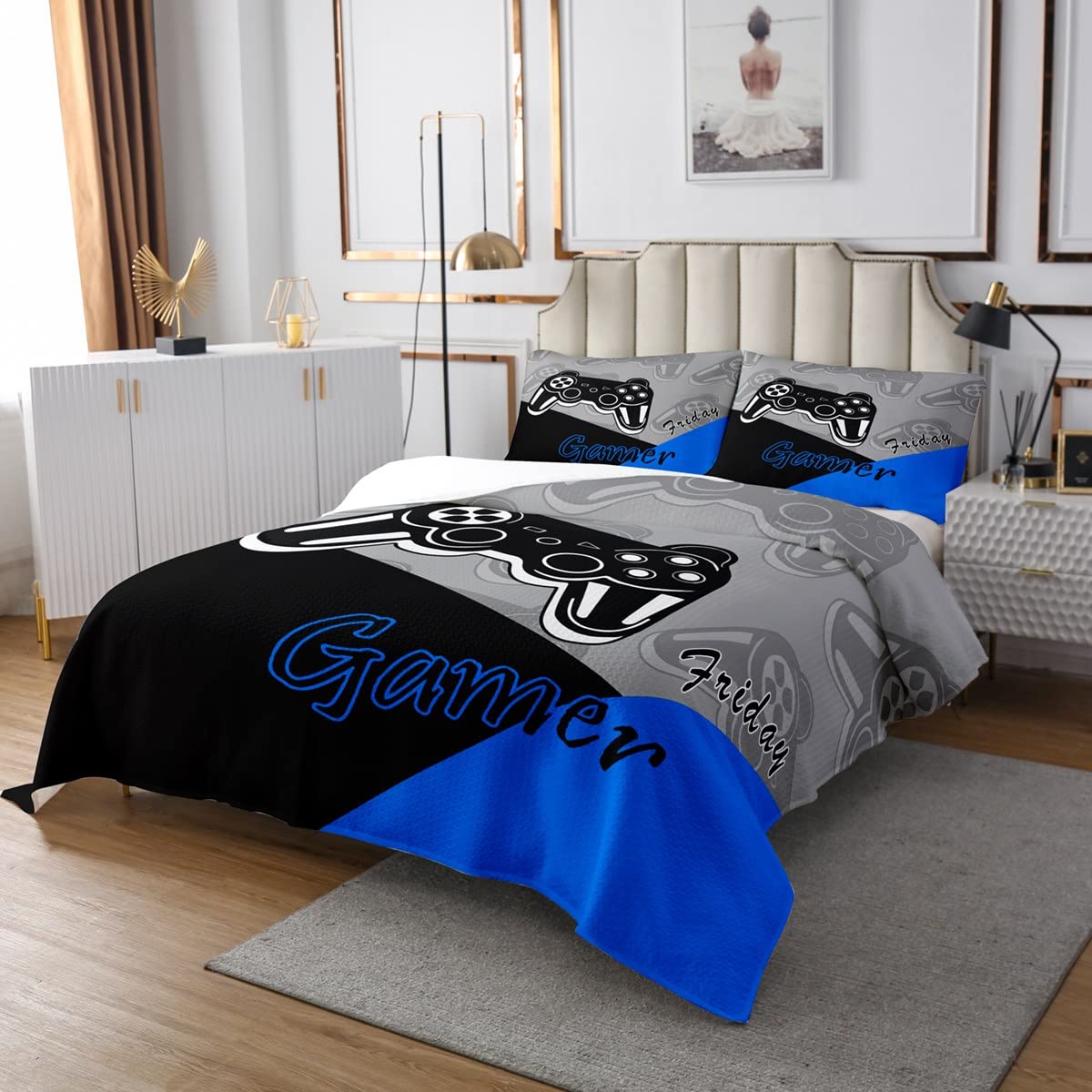 Feeyou 2-Piece Gamer Quilt Set - Twin Size Gaming Bedspread with 1 Quilt & 2 Pillowcases for Kids, Boys & Teens - Soft All-Season Controller Design Bedding - Perfect for Gaming Rooms, Sleepovers & Teen Bedrooms