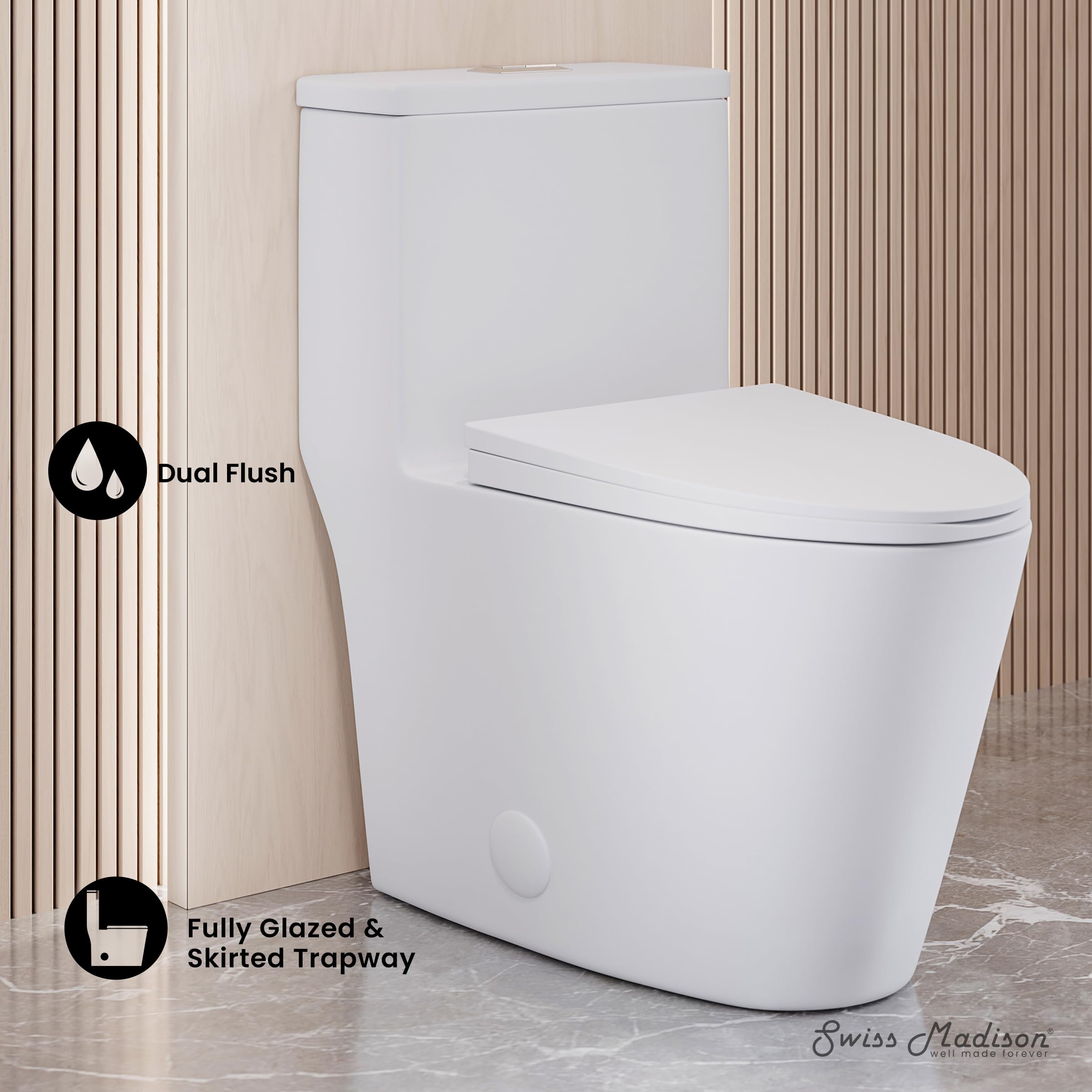 Swiss Madison Dreux One Piece Toilet - Modern ADA Compliant Bathroom Toilet with Elongated Bowl & Dual Flush (0.95/1.26 GPF) in Glossy White - Perfect for Small Bathrooms, Apartments & Modern Home Renovations