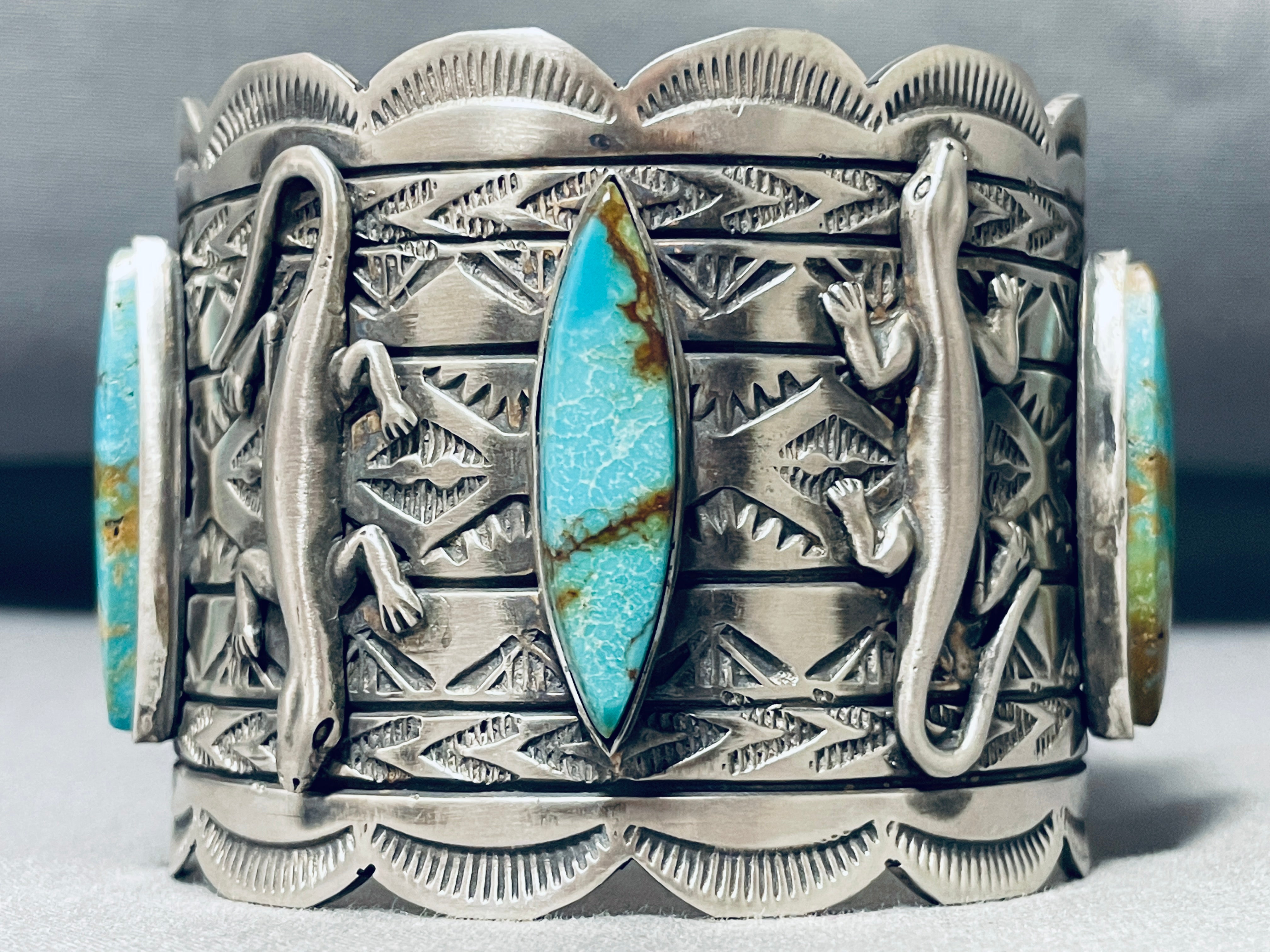 Authentic Native American Navajo Royston Turquoise Sterling Silver Gecko Bracelet - 100+ Grams - Handcrafted Jewelry for Women - Perfect for Boho, Western & Festival Fashion