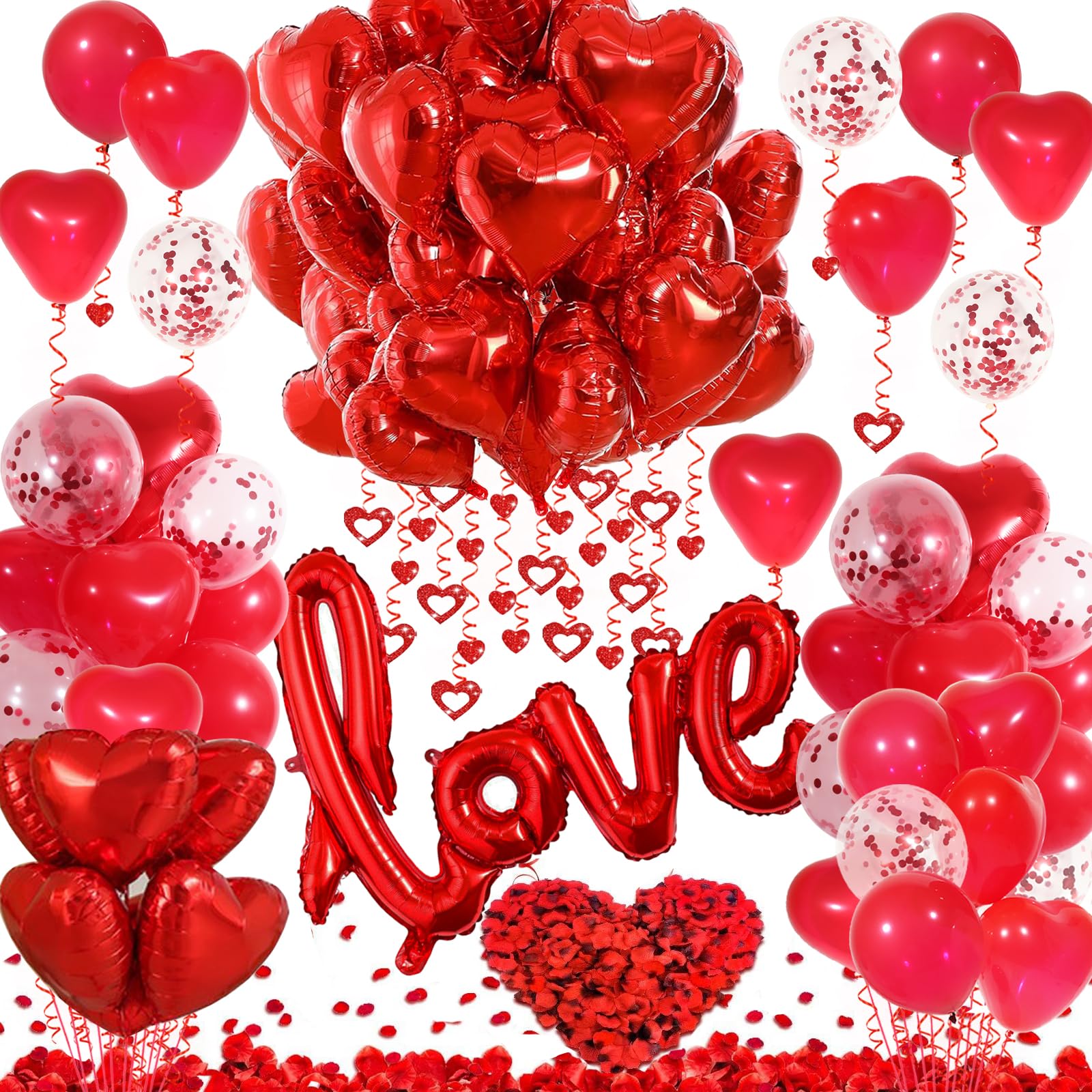 Romantic Valentine's Day Decorations Set - Red Heart Balloons, Love Balloons, Fake Rose Petals & Hanging Heart Decor for Wedding, Anniversary, Proposal & Romantic Party Decorations - Perfect for Bedroom, Restaurant & Photo Backdrop Scenes