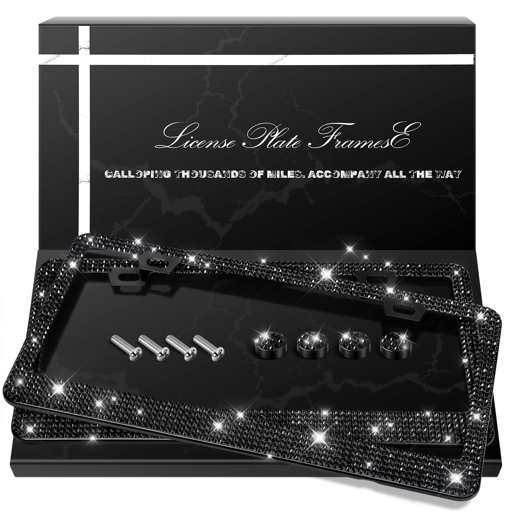 2 Pack Bling Rhinestone License Plate Frames - Sparkly Diamond Car Plate Covers for Women, Stainless Steel Glitter Crystal Accessories (Black) - Perfect for Cars, SUVs & Personalized Gifts