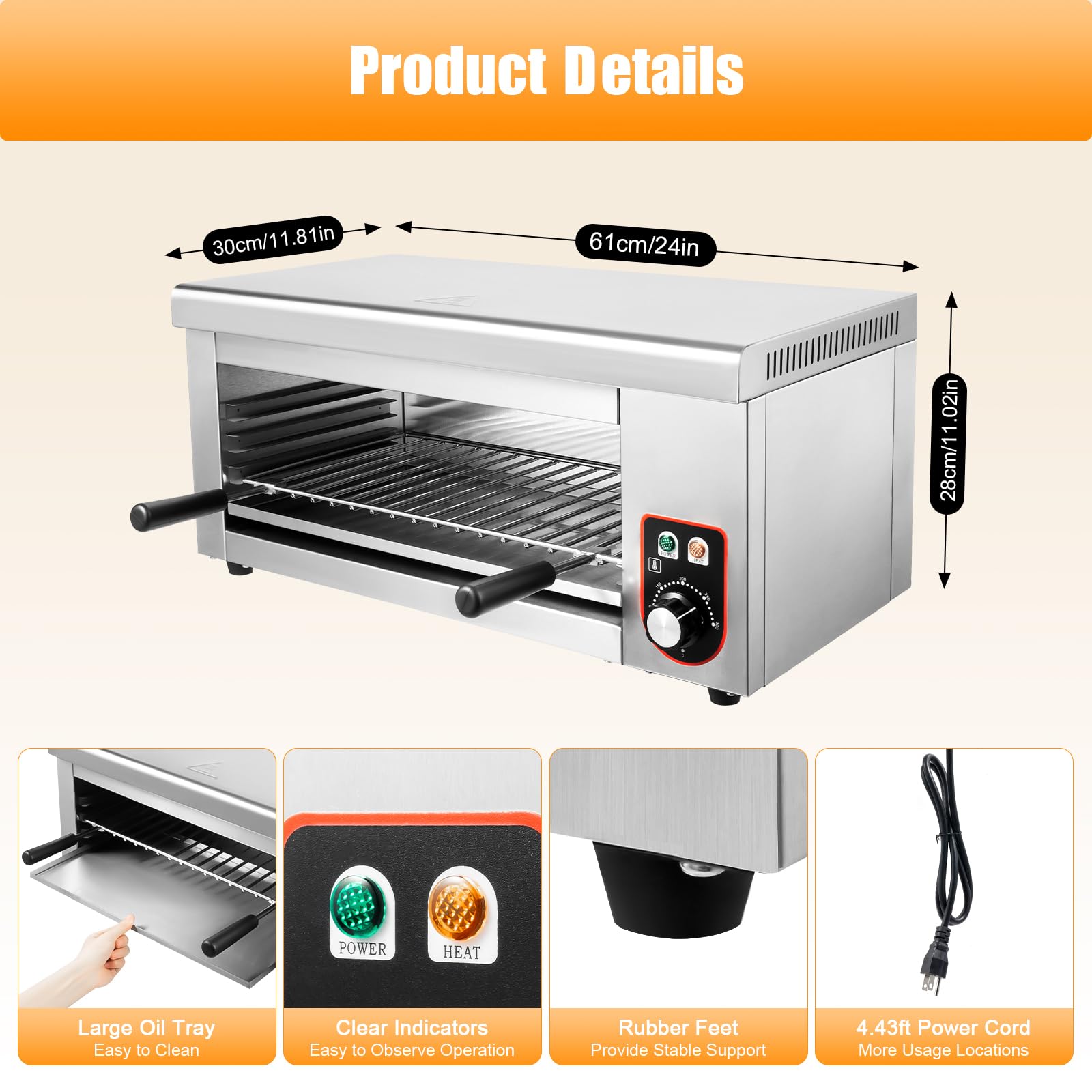 1500W Commercial Electric Cheese Melter & Salamander Broiler - Stainless Steel Steak Warmer with Adjustable Temperature (120-570°F) - Perfect for Restaurants, Pubs & Home Kitchens - Melts Cheese, Cooks Steaks & Roasts Chicken/Veggies - 110V US Plug