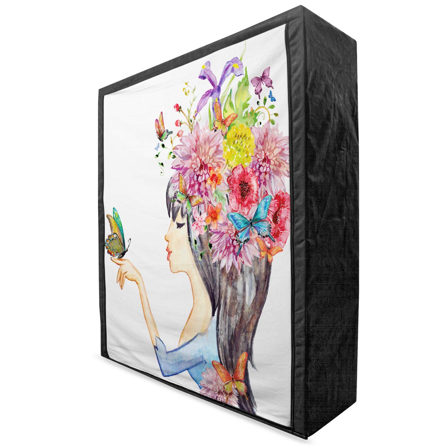 Ambesonne Floral Portable Fabric Wardrobe - Colorful Spring Flowers & Butterfly Print Clothing Organizer with Shelves, 59