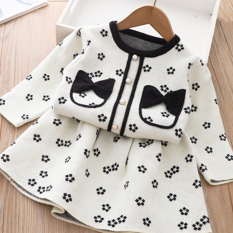 Adorable Baby Girl Bow Sweater Dress Set - Printed 2-Piece Winter Outfit for Toddlers | Perfect for Holiday Photos, Christmas Parties & Family Gatherings