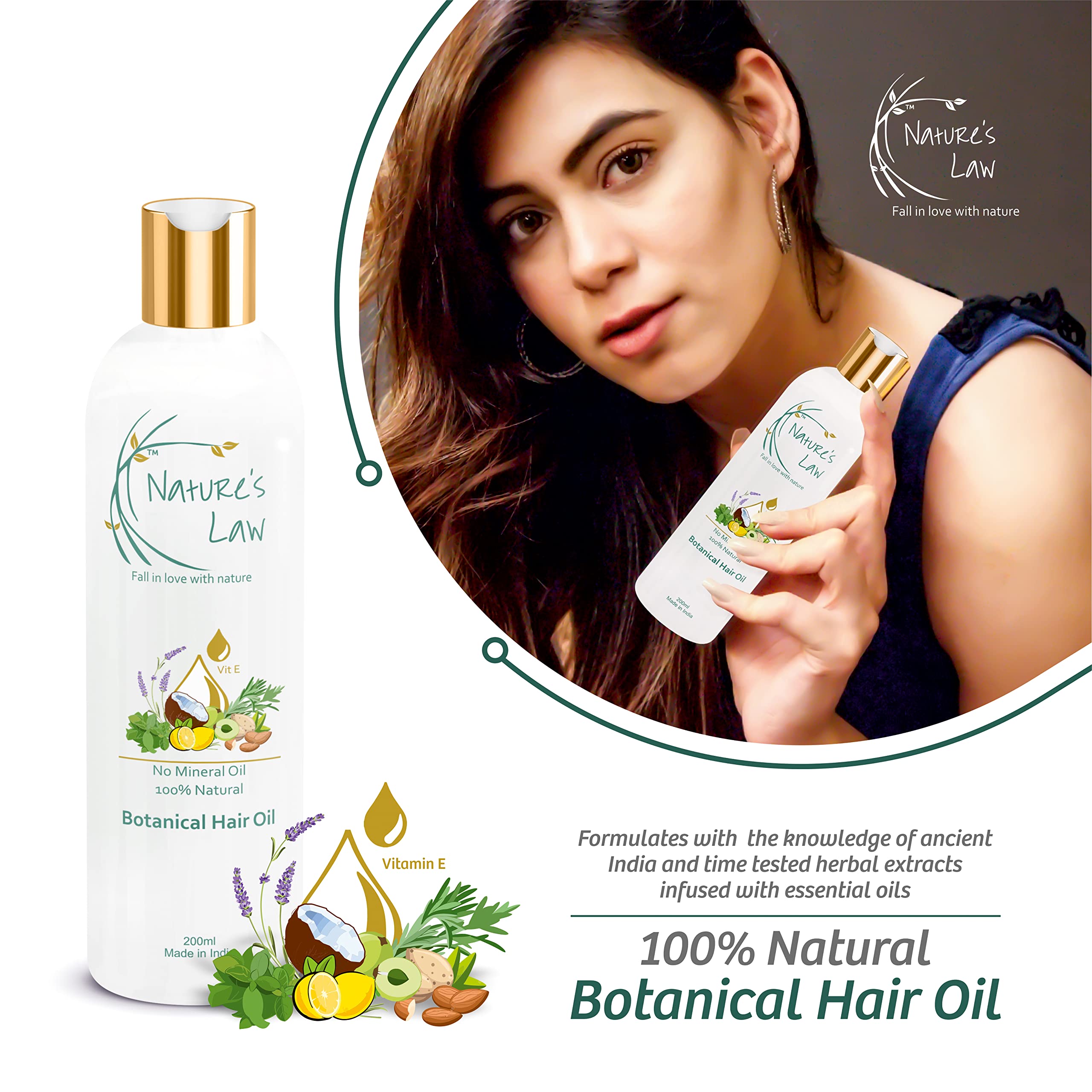 Nature's Law 100% Natural Botanical Hair Growth Oil - Dandruff & Hair Fall Control, Mineral & Silicon Free for All Hair Types (Men & Women, 200ml) - Promotes Thicker, Healthier Hair for Daily Care & Scalp Treatment