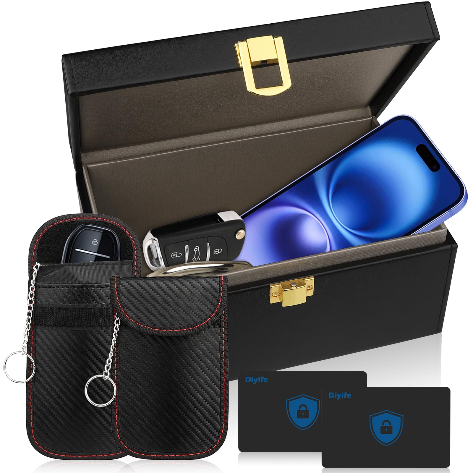 Faraday Box for Car Keys & Phones - RFID Signal Blocker with 2 Faraday Pouches & 2 Blocking Cards | Key Fob Protector for Keyless Entry | Anti-Theft Faraday Cage for Home, Office & Travel Use