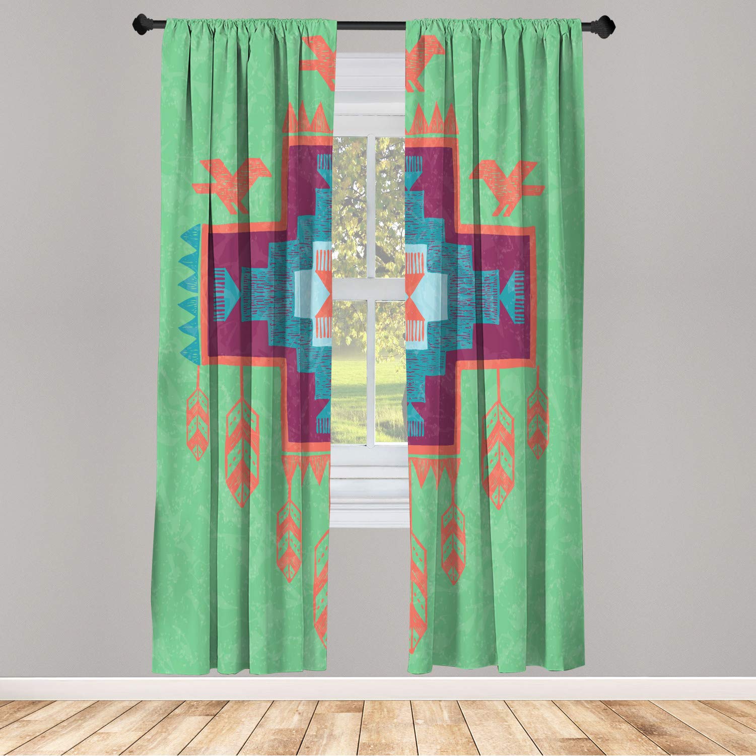 Ambesonne Tribal Window Curtains - Hand Drawn Dreamcatcher with Folkloric Birds & Ethnic Ikat Design, Lightweight Decorative 2-Panel Set with Rod Pocket, 28