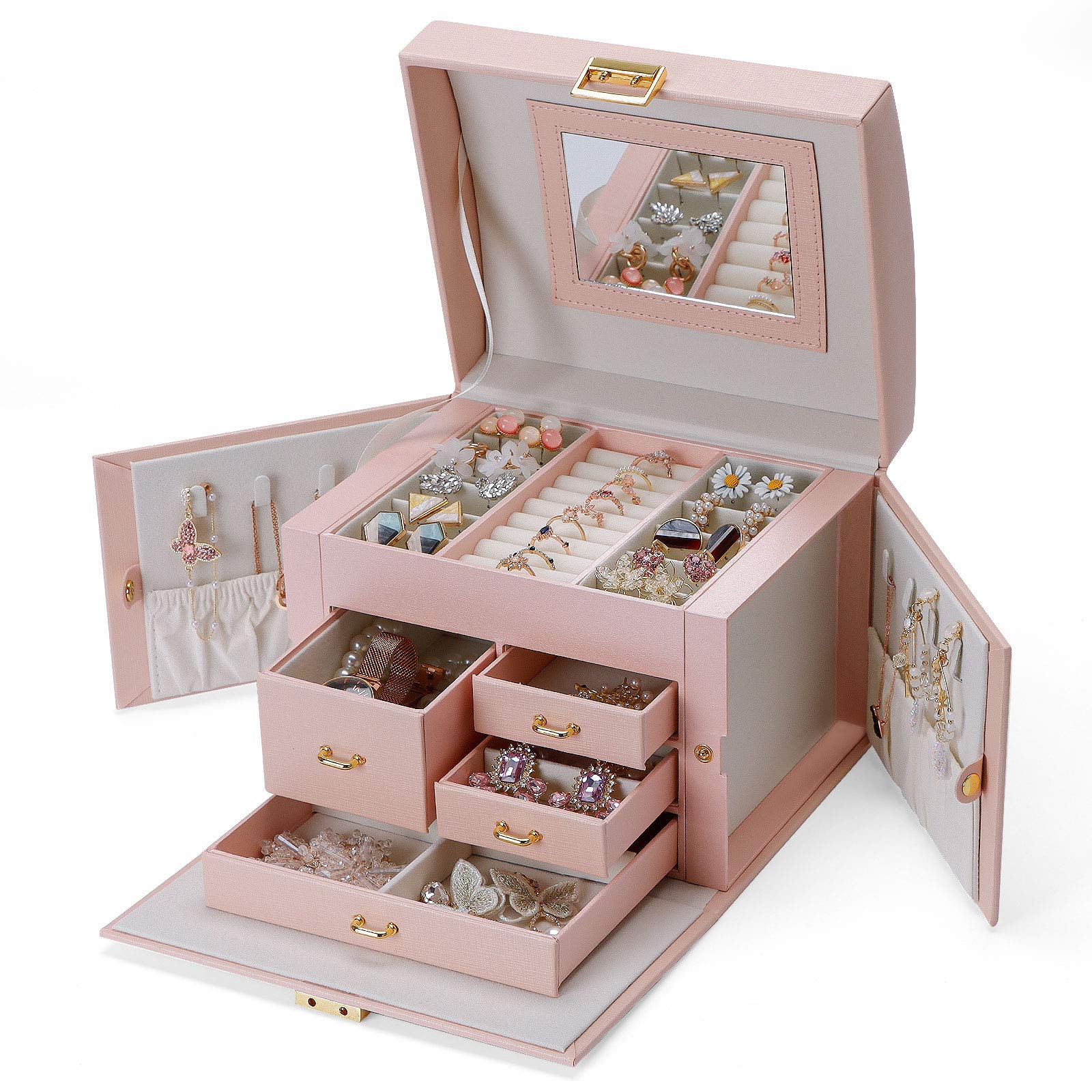 3-Tier PU Leather Jewelry Box with Lock & Mirror - Organizer for Rings, Necklaces, Watches - Perfect Gift & Travel Storage (Pink)