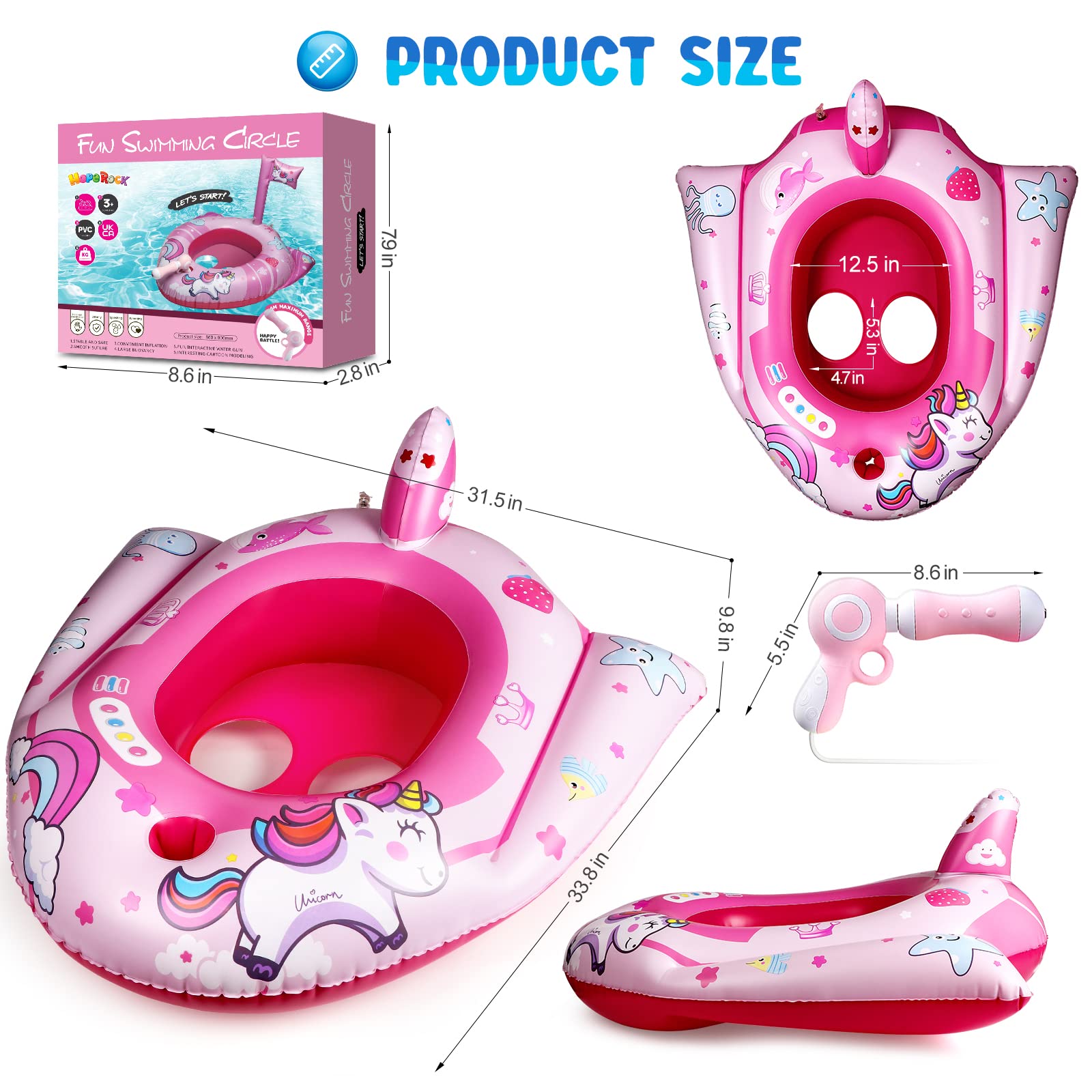 HopeRock Unicorn Pool Floats with Water Gun - Inflatable Swimming Pool Toys for Kids Ages 3-8, Fun Summer Water Play for Toddlers & Girls - Perfect for Backyard Pools, Beach Parties & Family Vacations