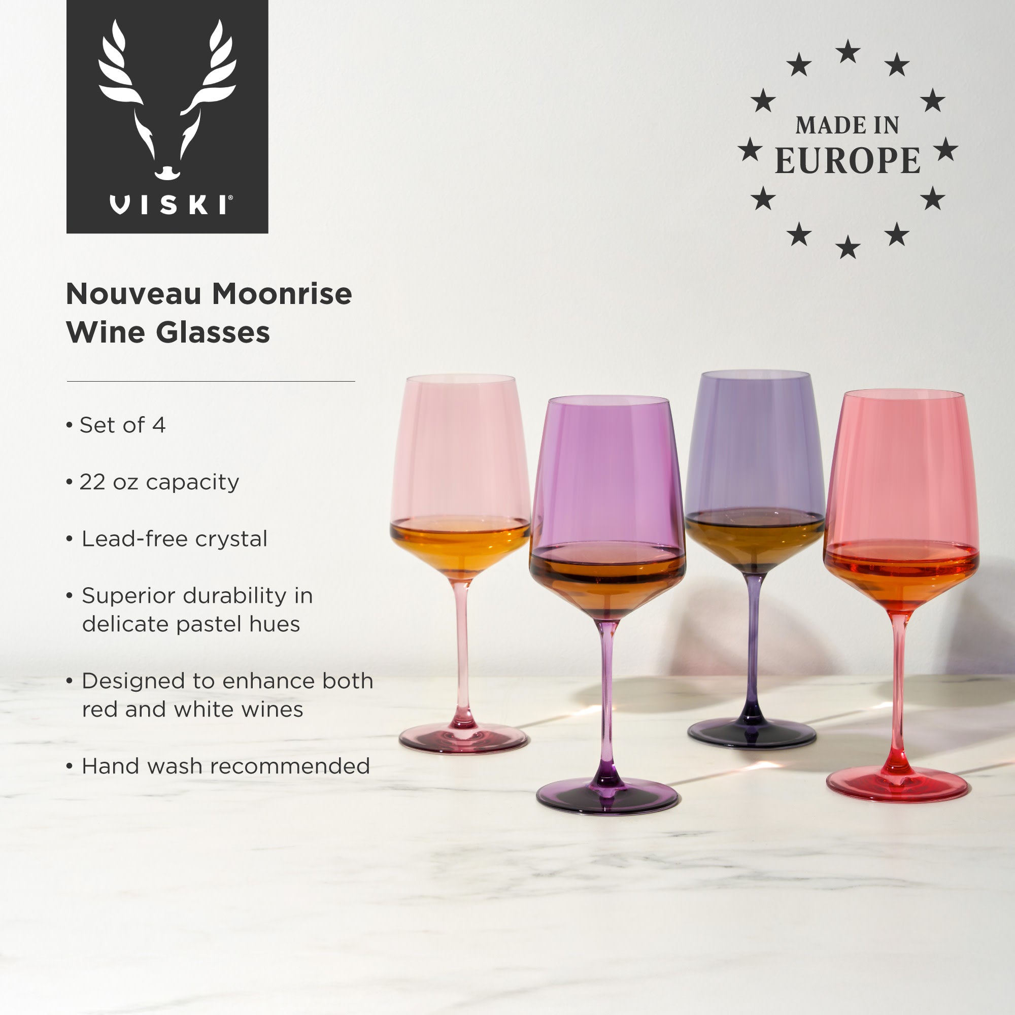 Premium Nouveau Crystal Wine Glasses Set of 4 - Elegant Moonrise Design for Red & White Wines - Perfect for Dinner Parties, Weddings & Romantic Evenings